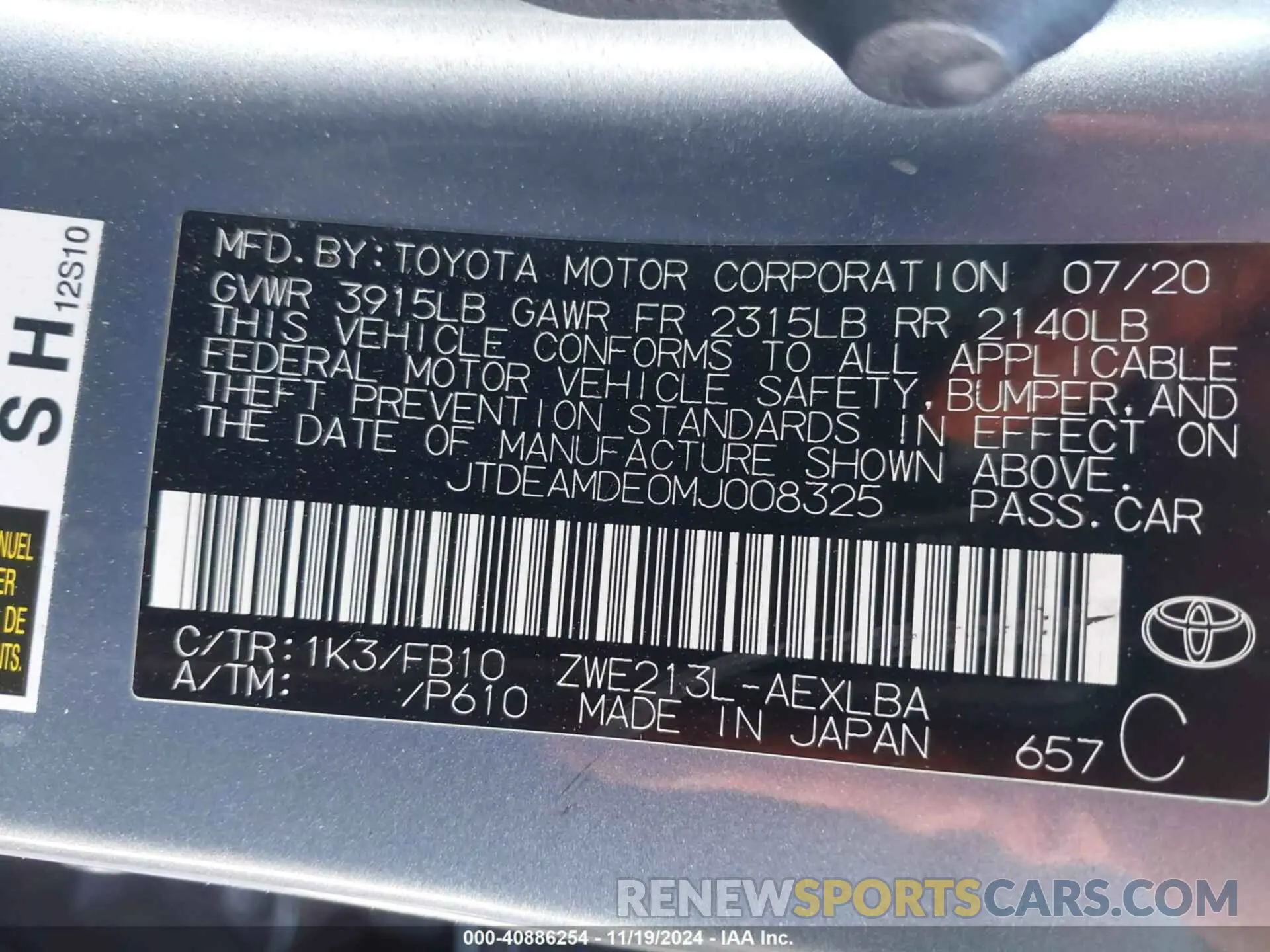 9 Photograph of a damaged car JTDEAMDE0MJ008325 TOYOTA COROLLA 2021