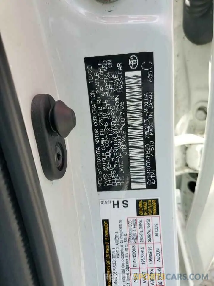 12 Photograph of a damaged car JTDEAMDE0MJ017526 TOYOTA COROLLA 2021