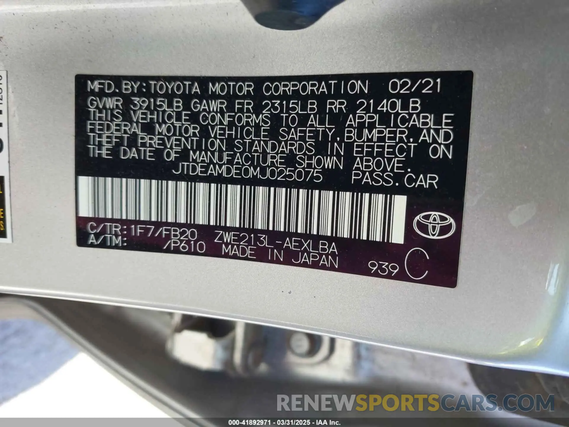 9 Photograph of a damaged car JTDEAMDE0MJ025075 TOYOTA COROLLA 2021