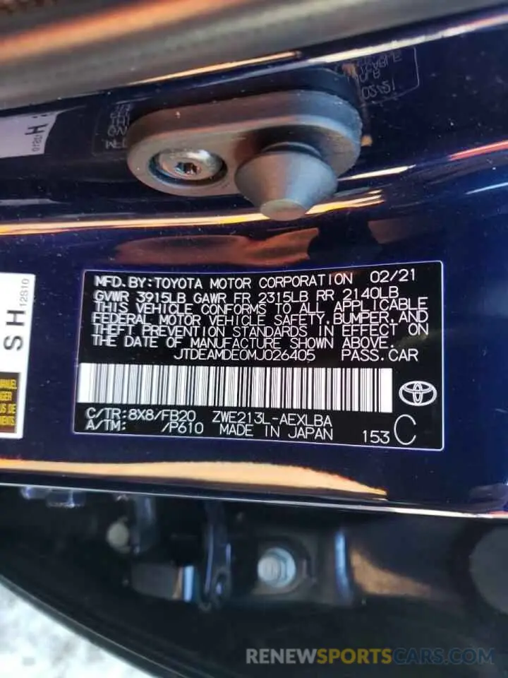 10 Photograph of a damaged car JTDEAMDE0MJ026405 TOYOTA COROLLA 2021