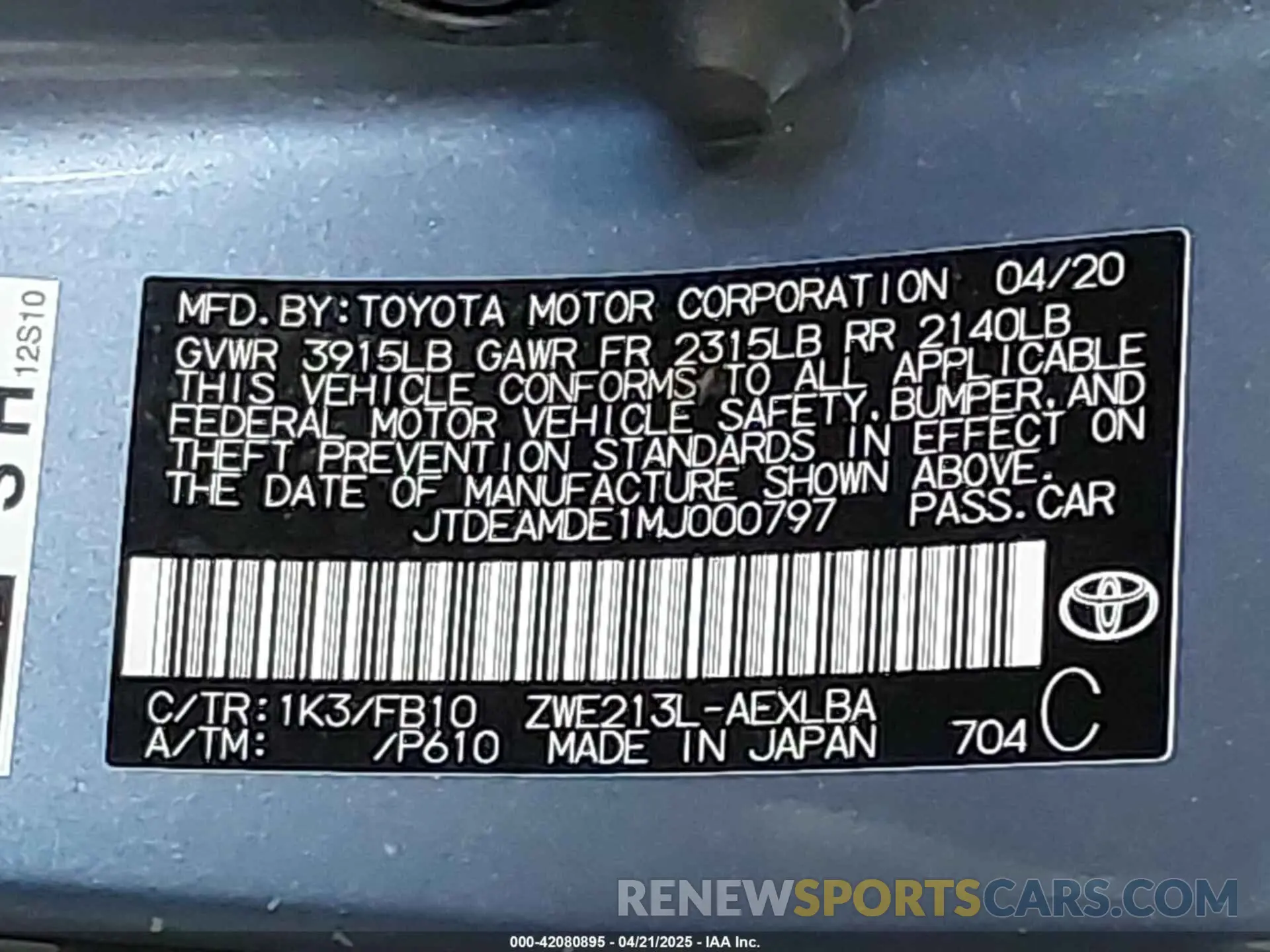 9 Photograph of a damaged car JTDEAMDE1MJ000797 TOYOTA COROLLA 2021