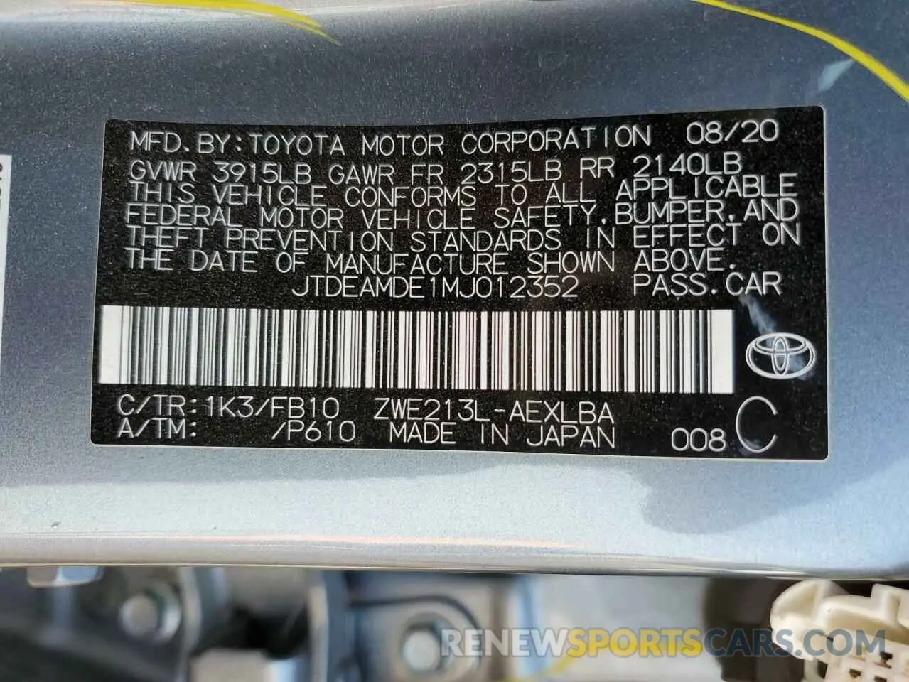 13 Photograph of a damaged car JTDEAMDE1MJ012352 TOYOTA COROLLA 2021