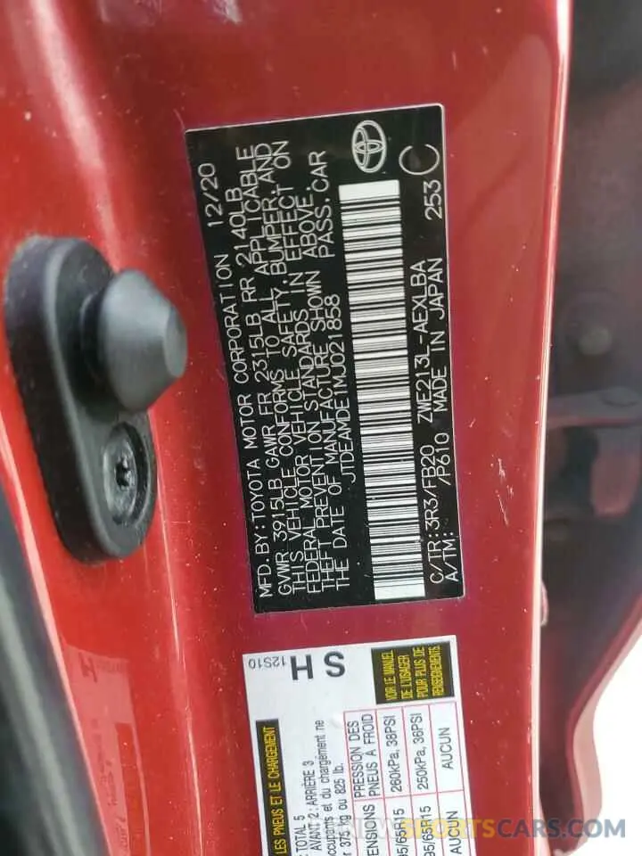 13 Photograph of a damaged car JTDEAMDE1MJ021858 TOYOTA COROLLA 2021
