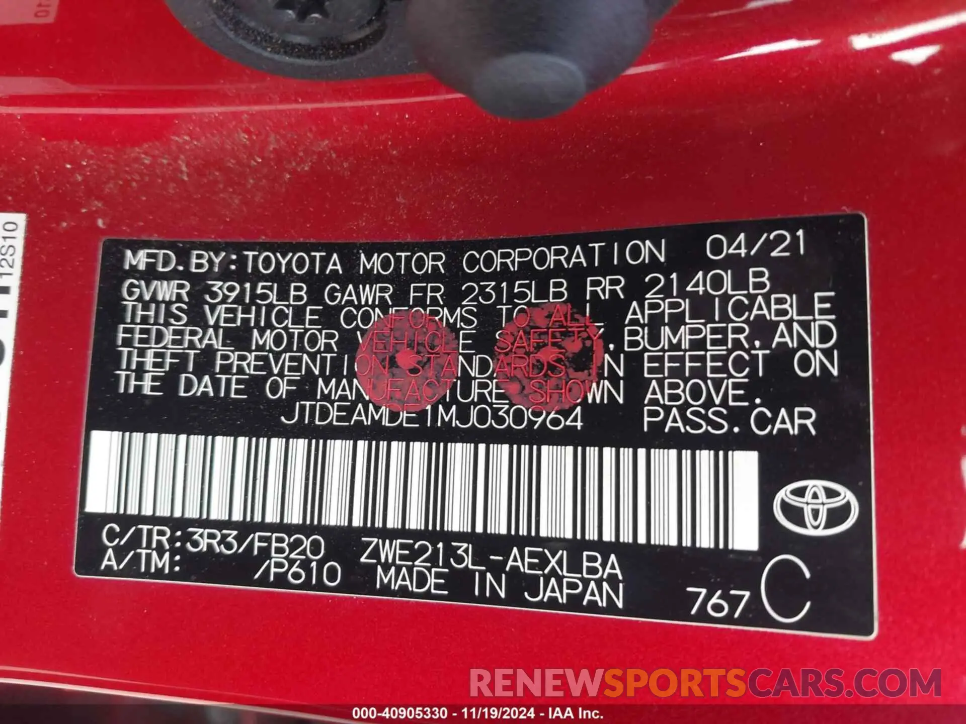 9 Photograph of a damaged car JTDEAMDE1MJ030964 TOYOTA COROLLA 2021