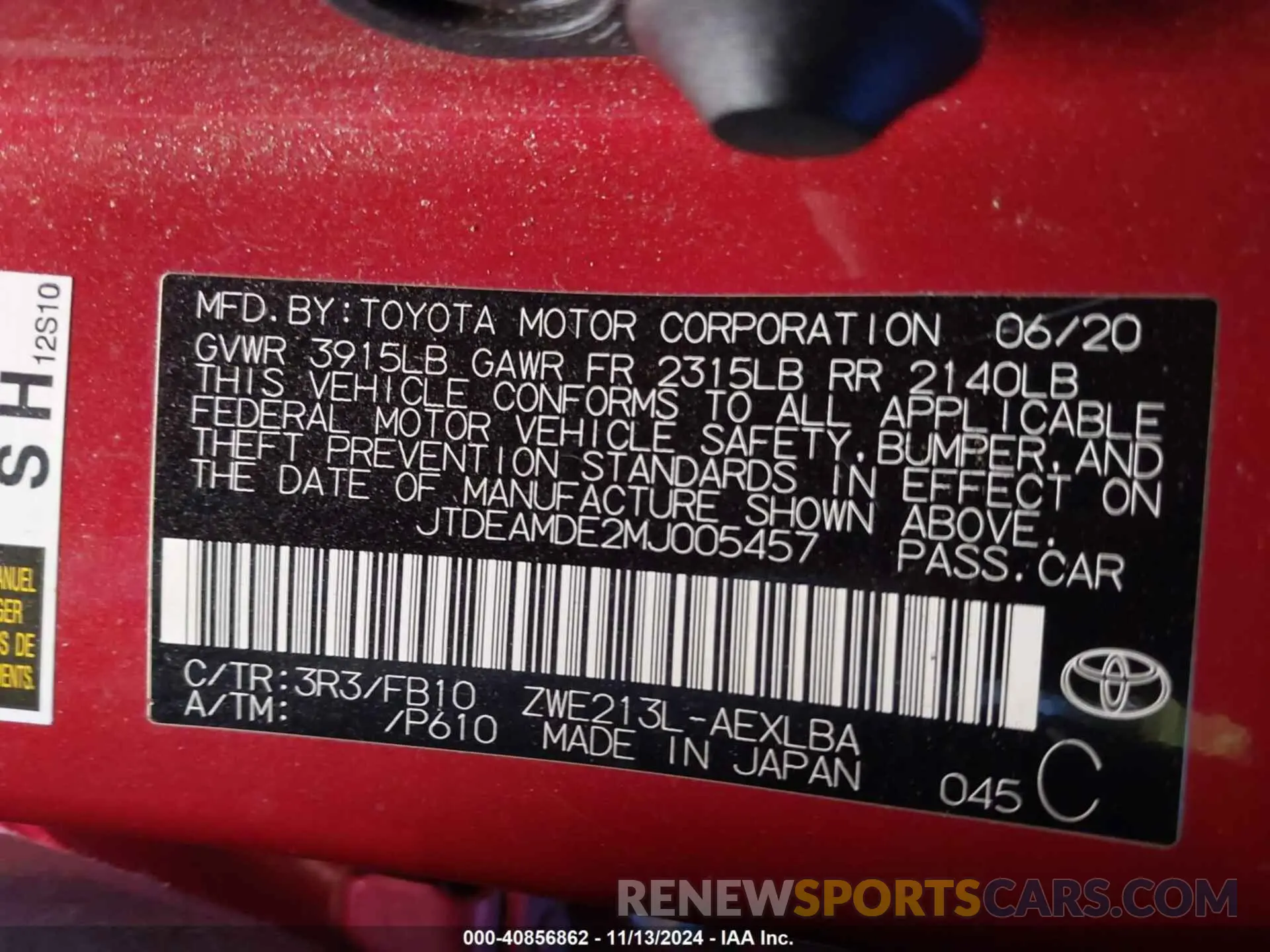 9 Photograph of a damaged car JTDEAMDE2MJ005457 TOYOTA COROLLA 2021