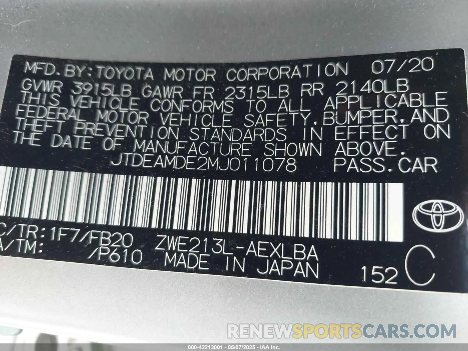 9 Photograph of a damaged car JTDEAMDE2MJ011078 TOYOTA COROLLA 2021