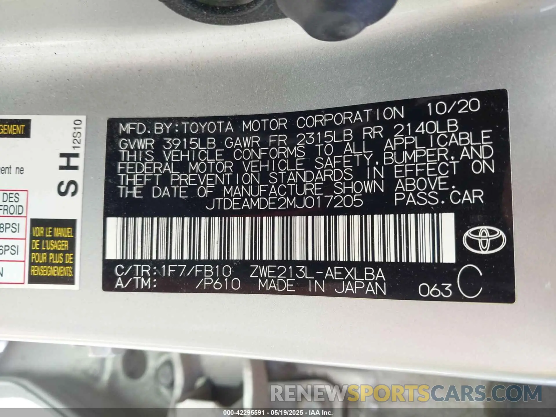 9 Photograph of a damaged car JTDEAMDE2MJ017205 TOYOTA COROLLA 2021