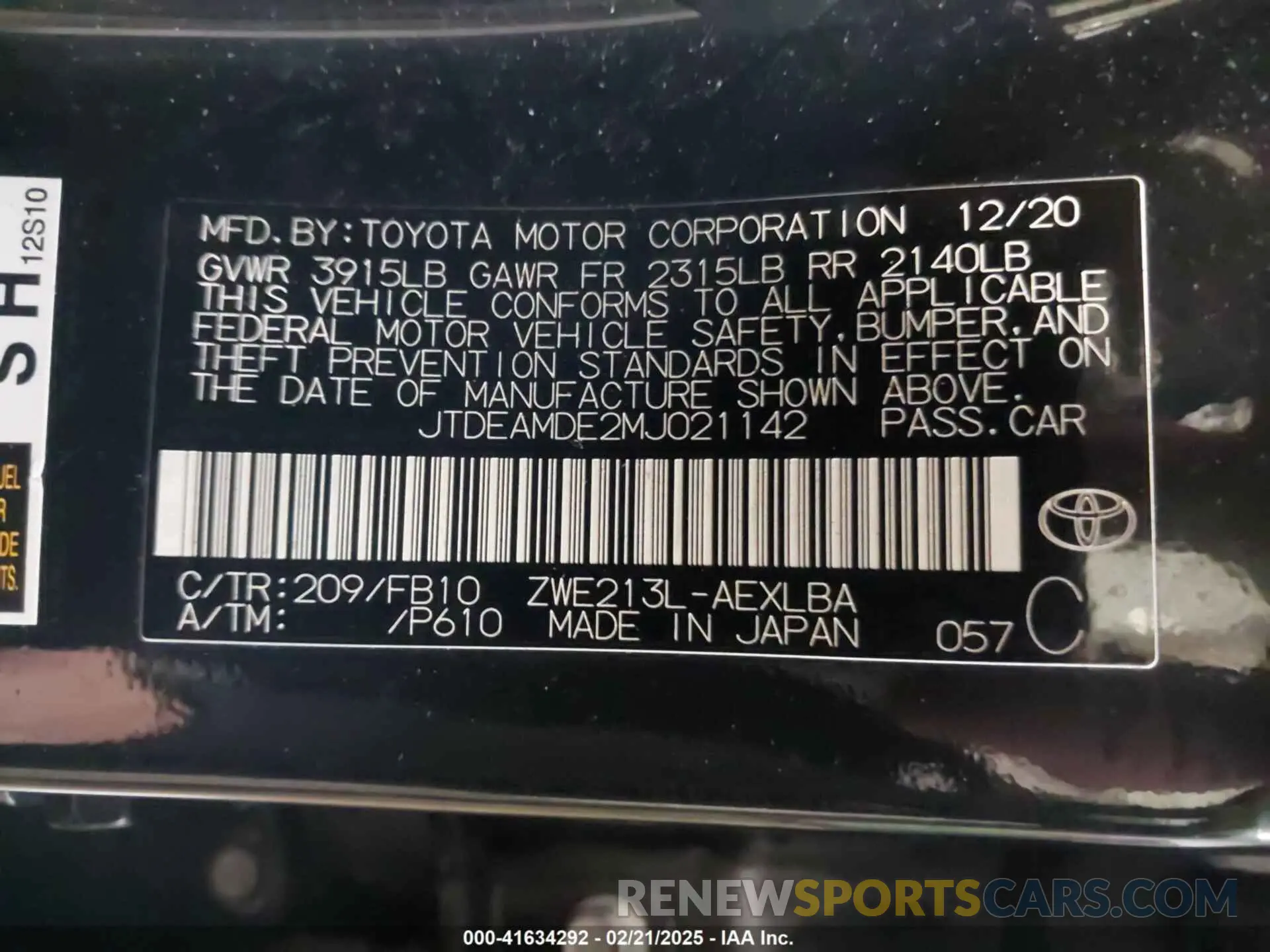 9 Photograph of a damaged car JTDEAMDE2MJ021142 TOYOTA COROLLA 2021