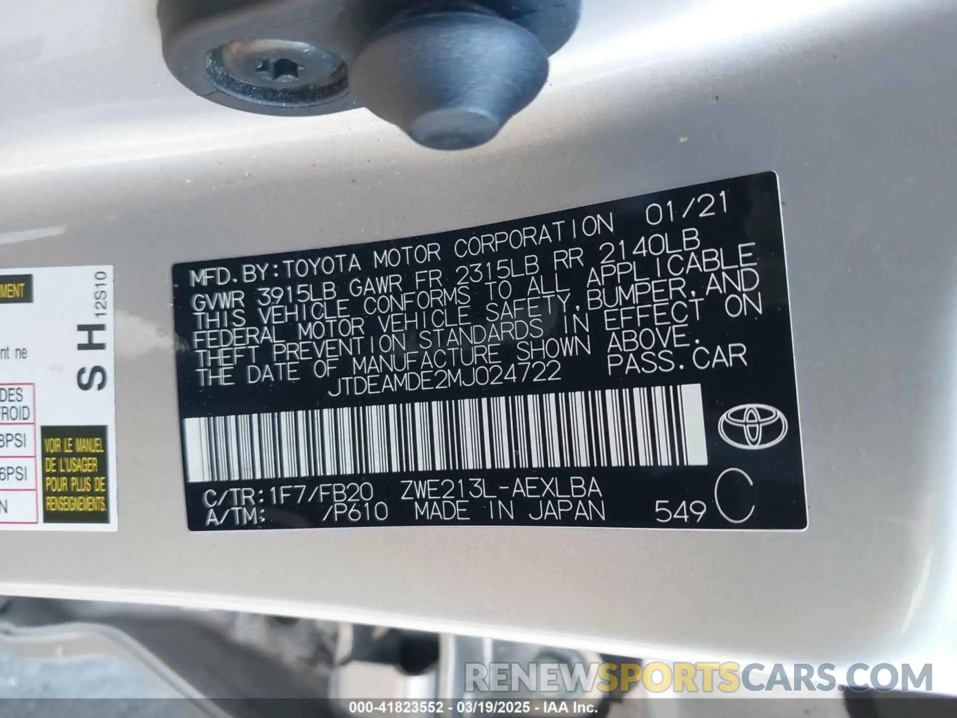 9 Photograph of a damaged car JTDEAMDE2MJ024722 TOYOTA COROLLA 2021