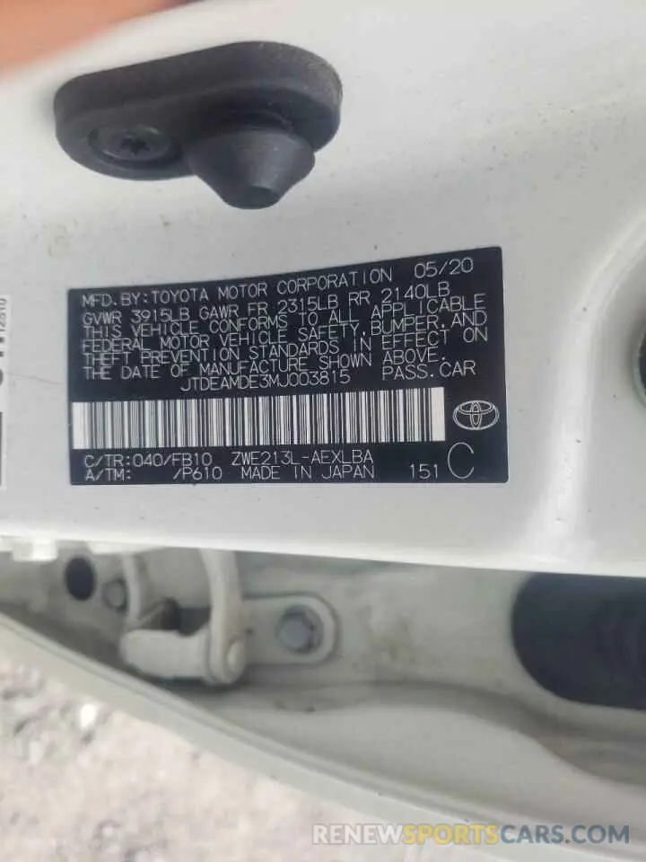 10 Photograph of a damaged car JTDEAMDE3MJ003815 TOYOTA COROLLA 2021