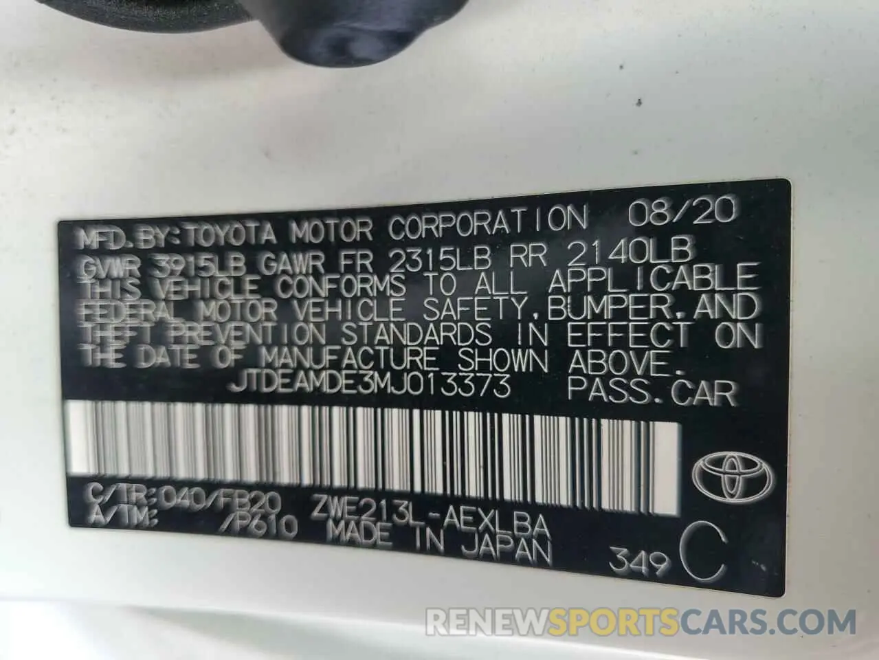 14 Photograph of a damaged car JTDEAMDE3MJ013373 TOYOTA COROLLA 2021