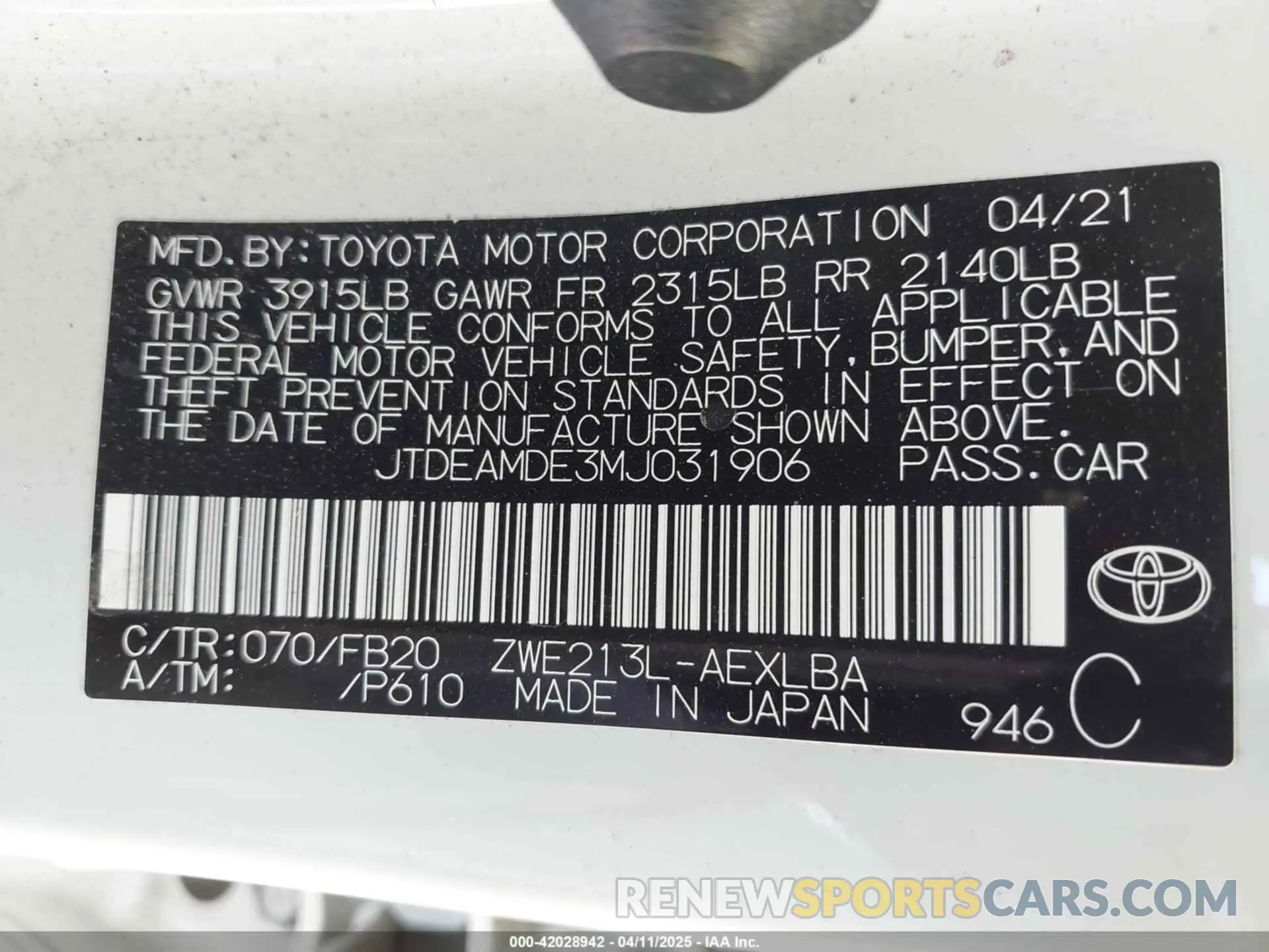 9 Photograph of a damaged car JTDEAMDE3MJ031906 TOYOTA COROLLA 2021