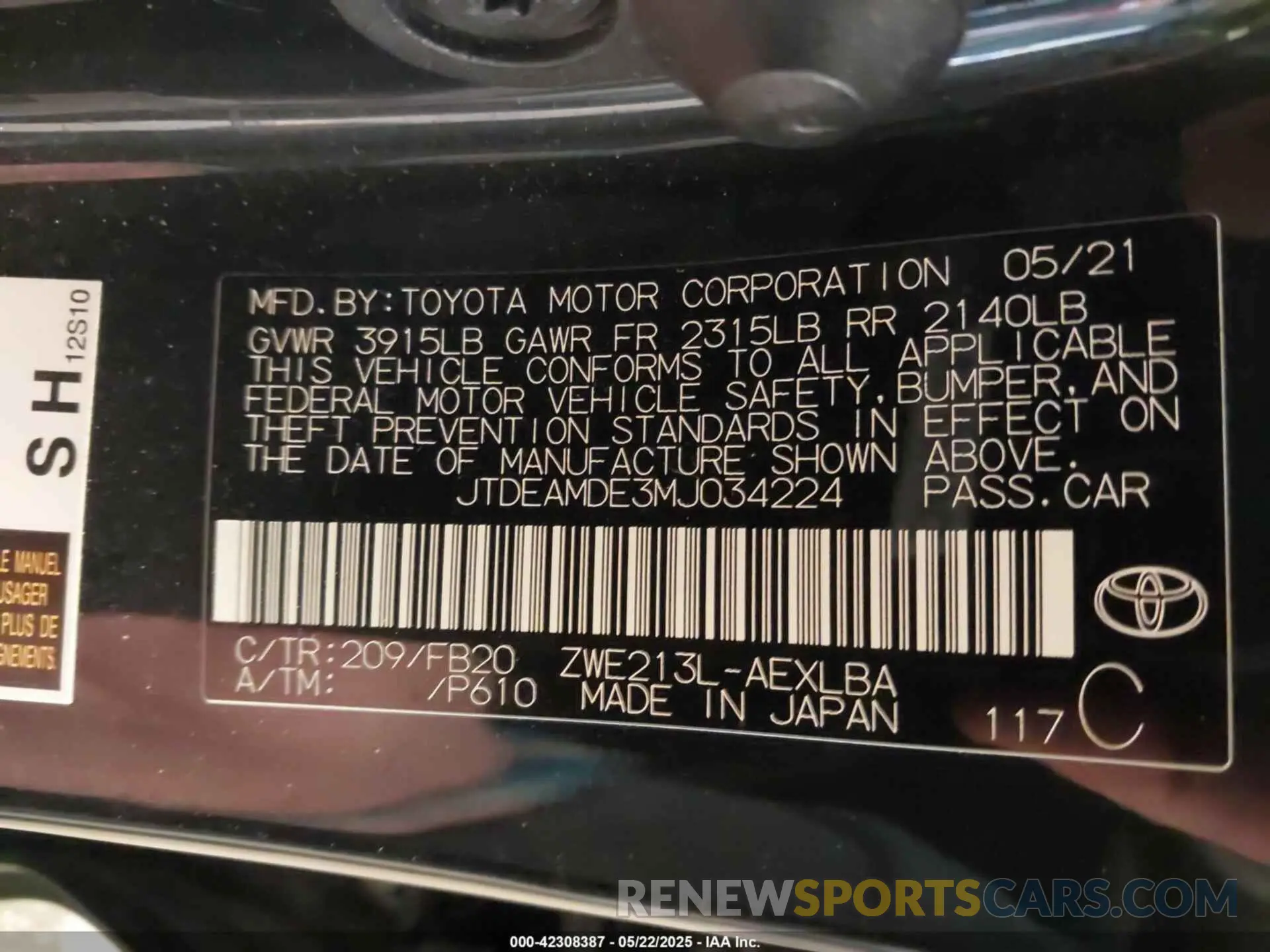 9 Photograph of a damaged car JTDEAMDE3MJ034224 TOYOTA COROLLA 2021