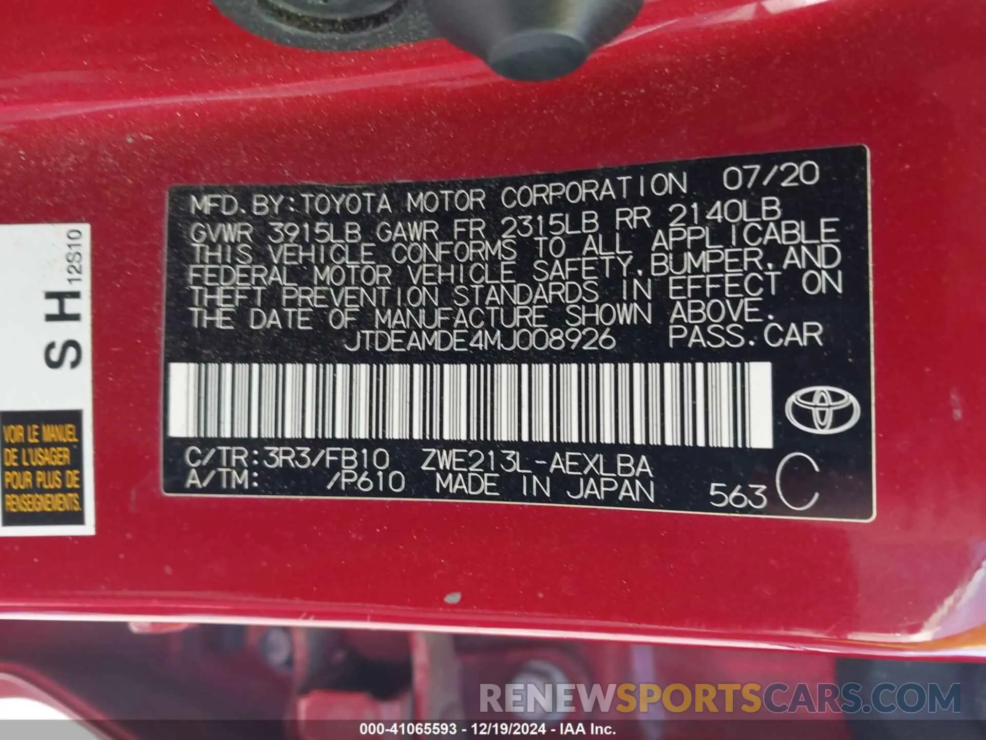 9 Photograph of a damaged car JTDEAMDE4MJ008926 TOYOTA COROLLA 2021