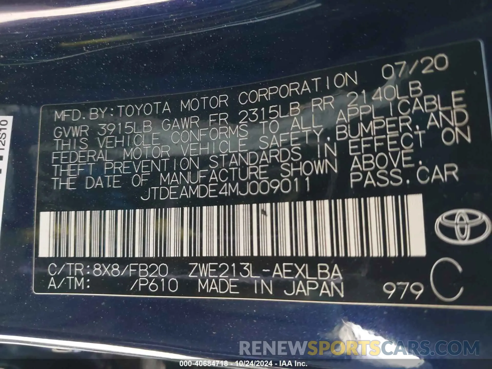 9 Photograph of a damaged car JTDEAMDE4MJ009011 TOYOTA COROLLA 2021