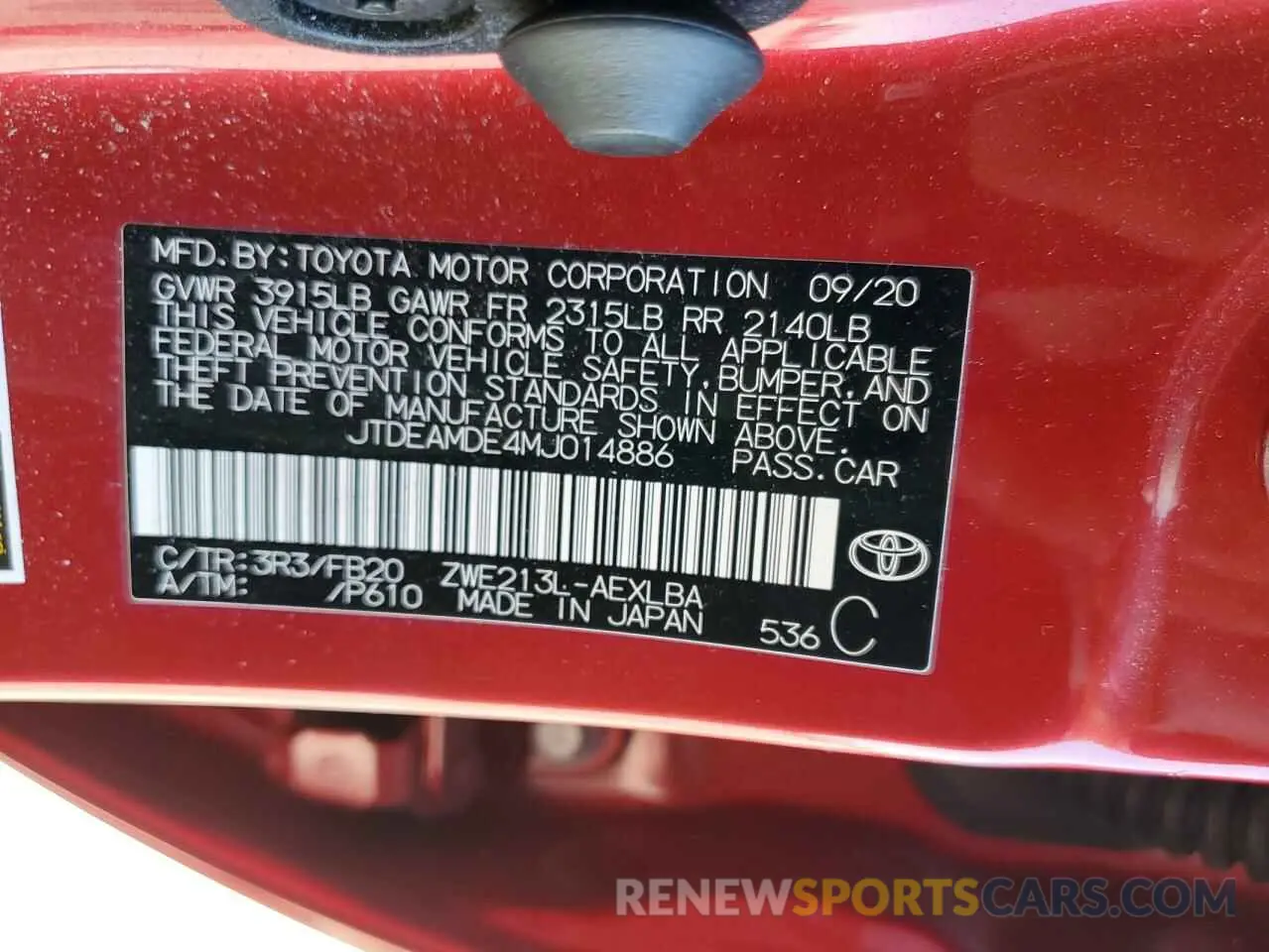 13 Photograph of a damaged car JTDEAMDE4MJ014886 TOYOTA COROLLA 2021