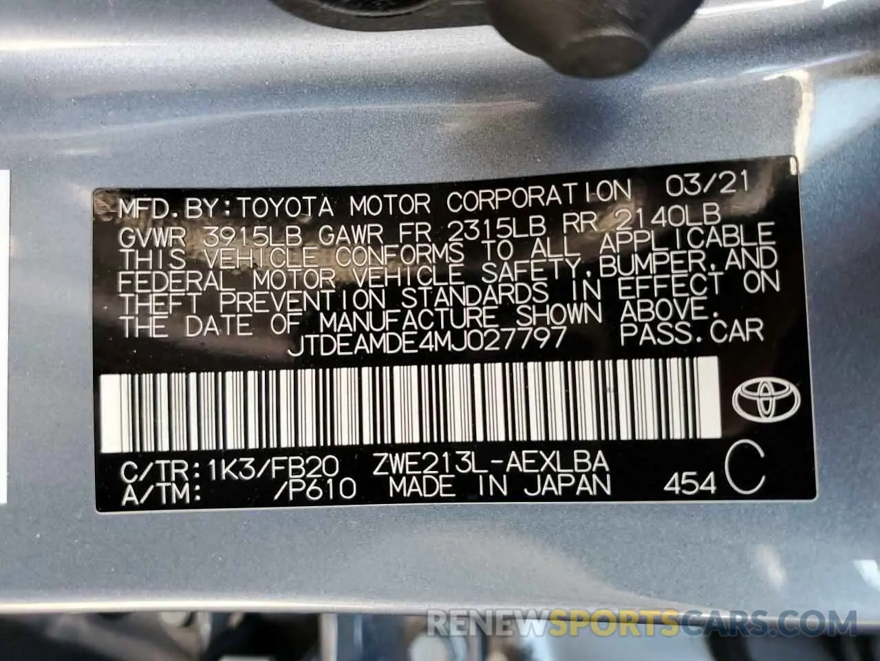 12 Photograph of a damaged car JTDEAMDE4MJ027797 TOYOTA COROLLA 2021