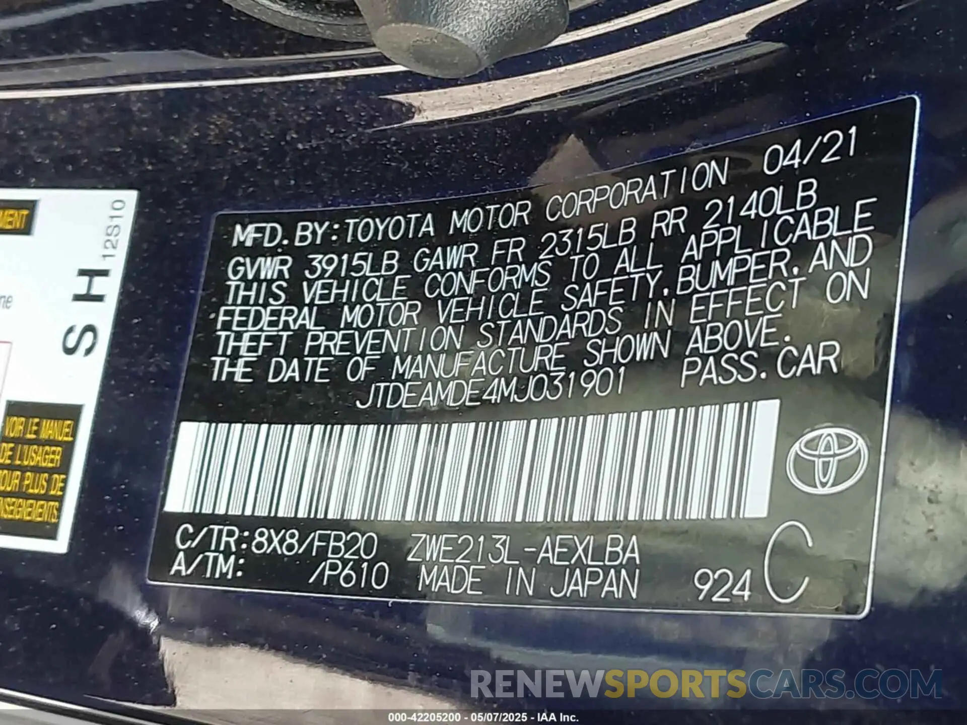 9 Photograph of a damaged car JTDEAMDE4MJ031901 TOYOTA COROLLA 2021