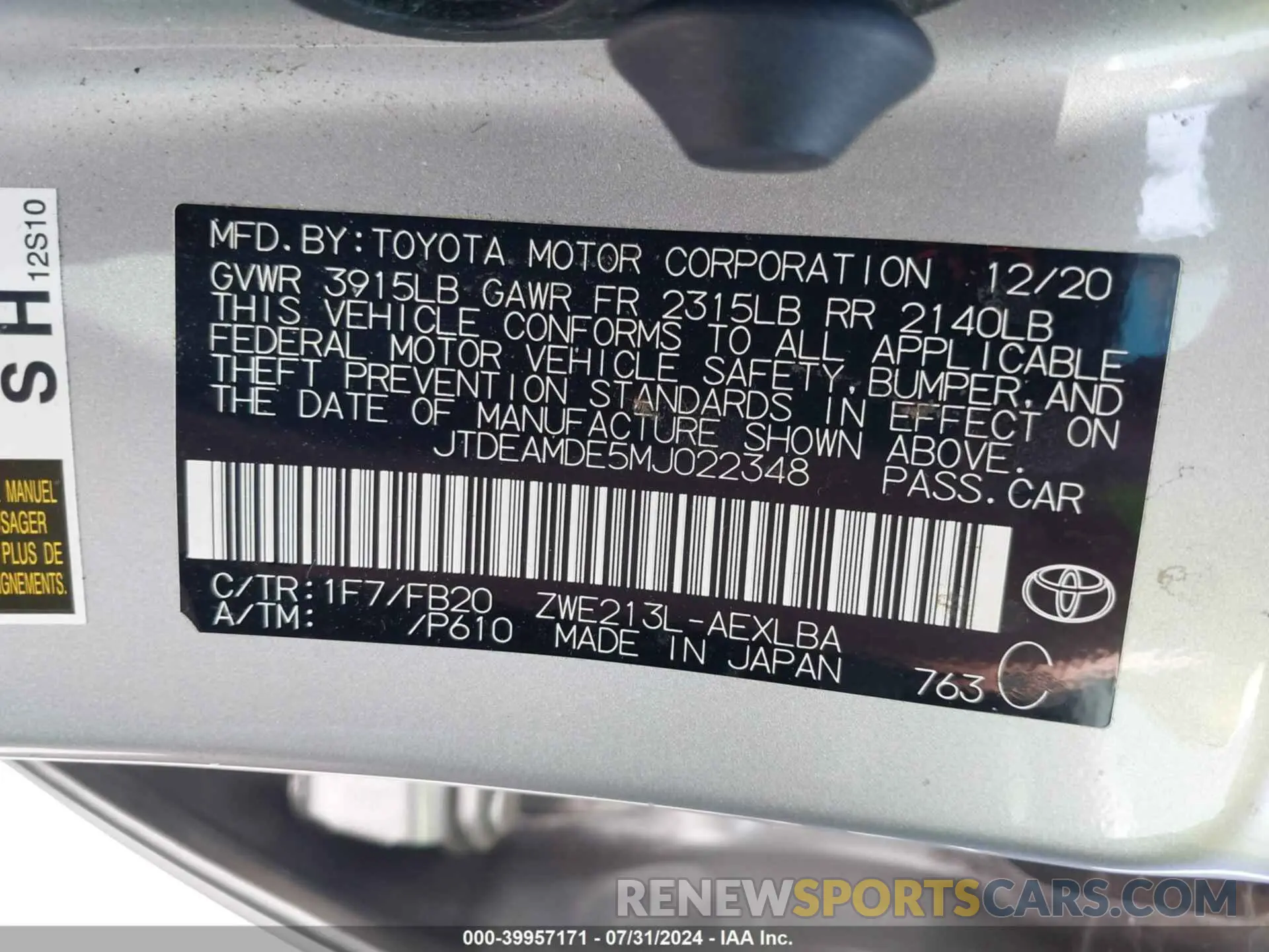 9 Photograph of a damaged car JTDEAMDE5MJ022348 TOYOTA COROLLA 2021