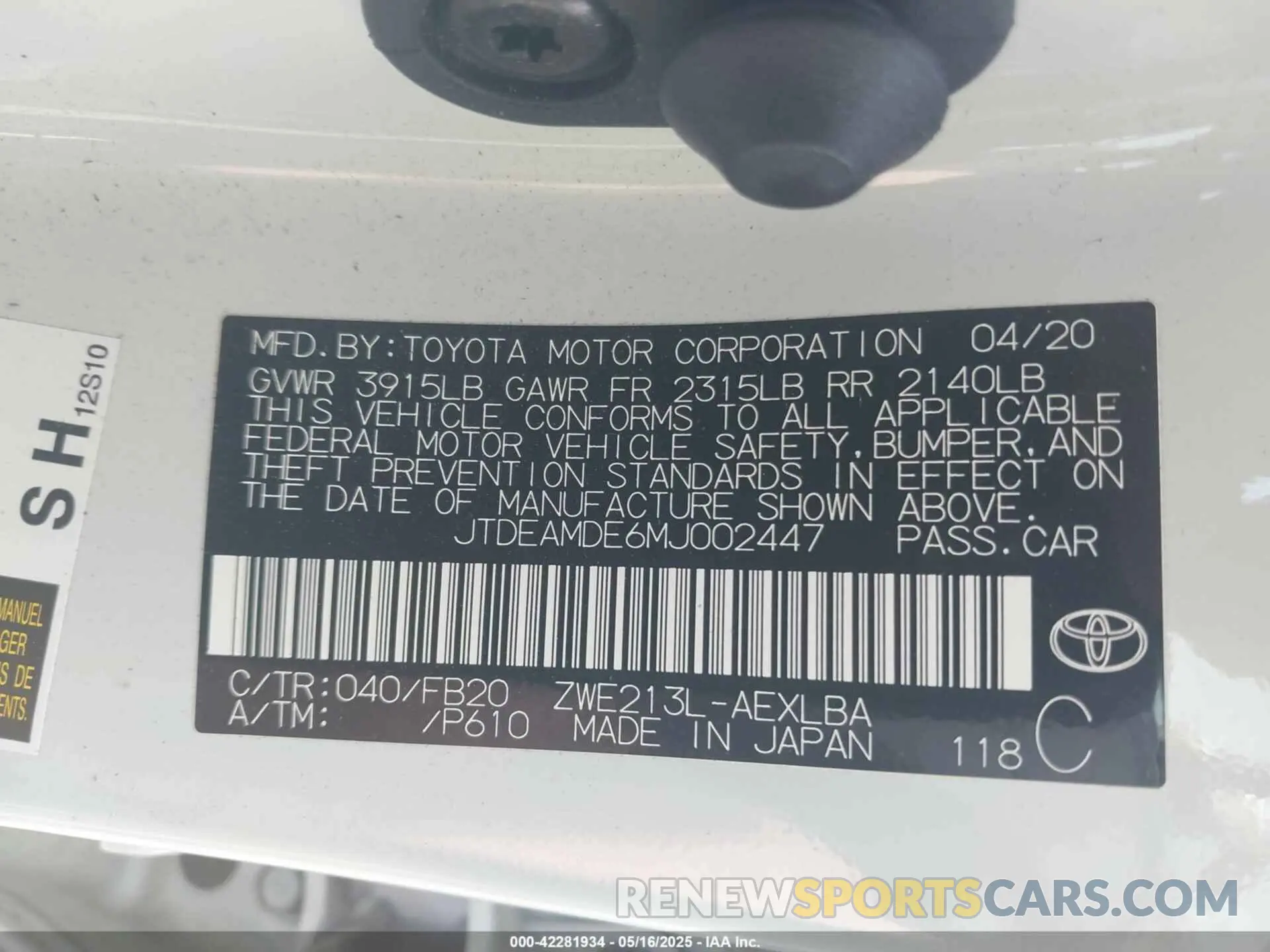 9 Photograph of a damaged car JTDEAMDE6MJ002447 TOYOTA COROLLA 2021