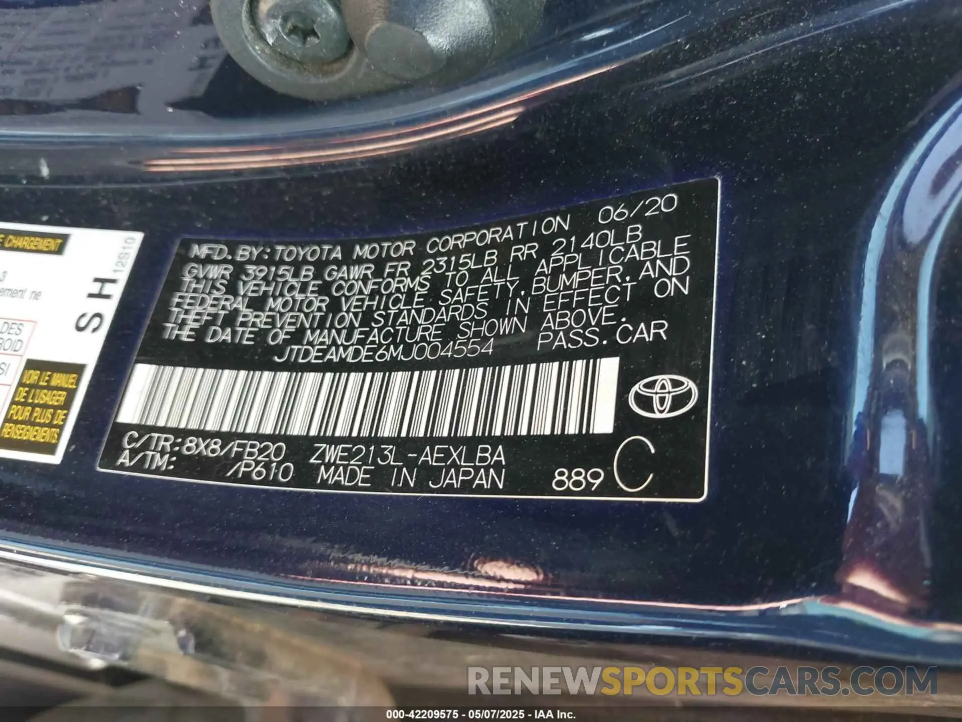 9 Photograph of a damaged car JTDEAMDE6MJ004554 TOYOTA COROLLA 2021