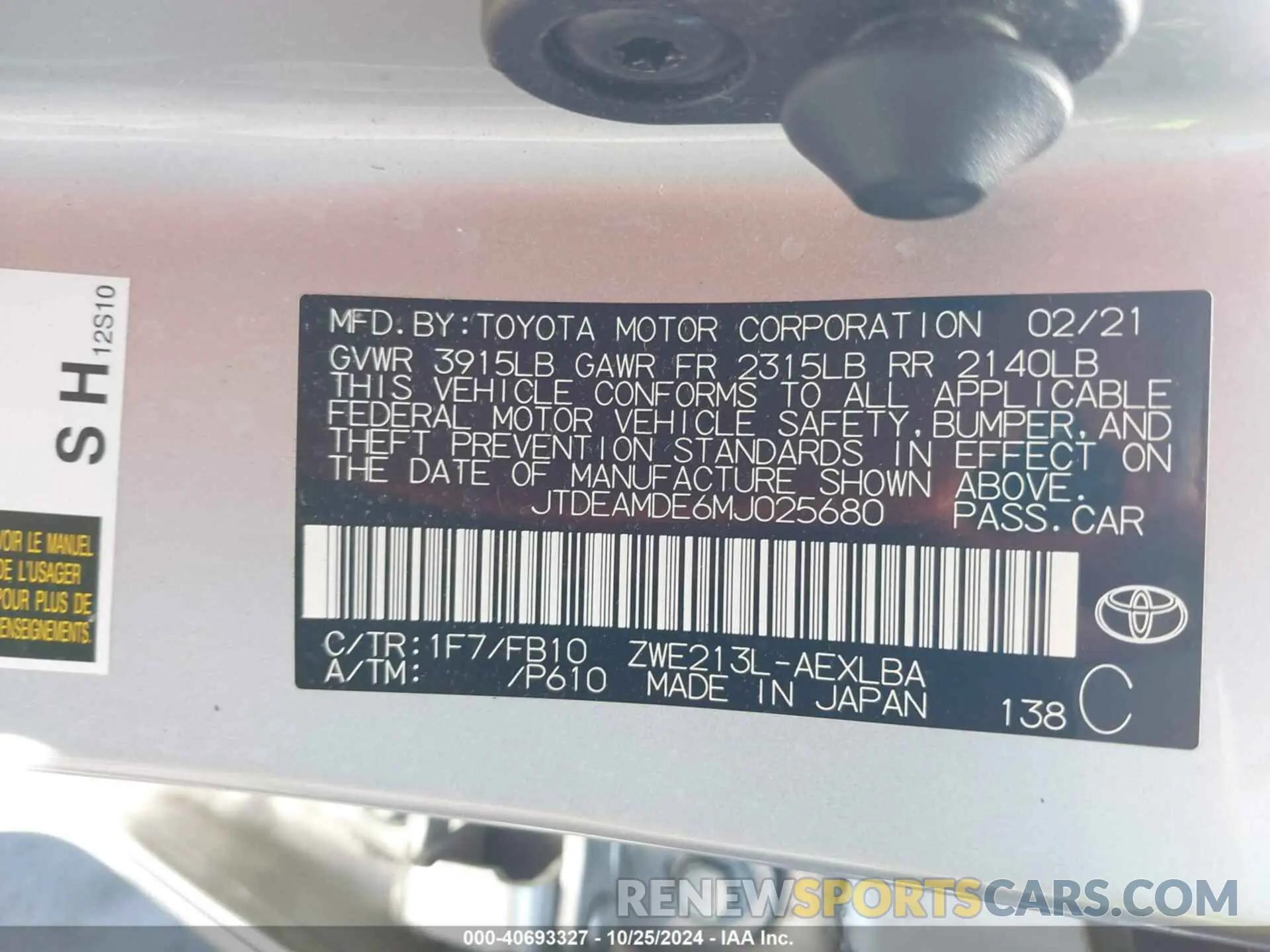 9 Photograph of a damaged car JTDEAMDE6MJ025680 TOYOTA COROLLA 2021