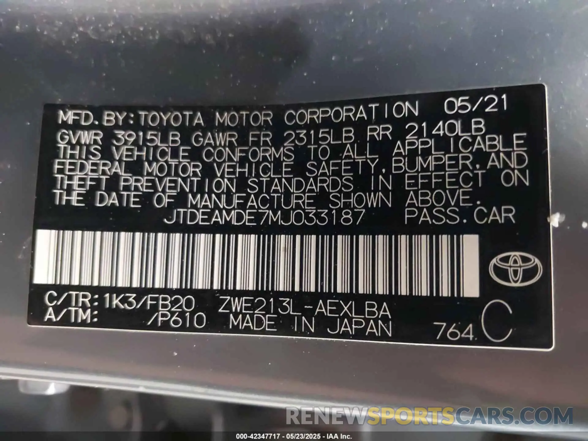 9 Photograph of a damaged car JTDEAMDE7MJ033187 TOYOTA COROLLA 2021