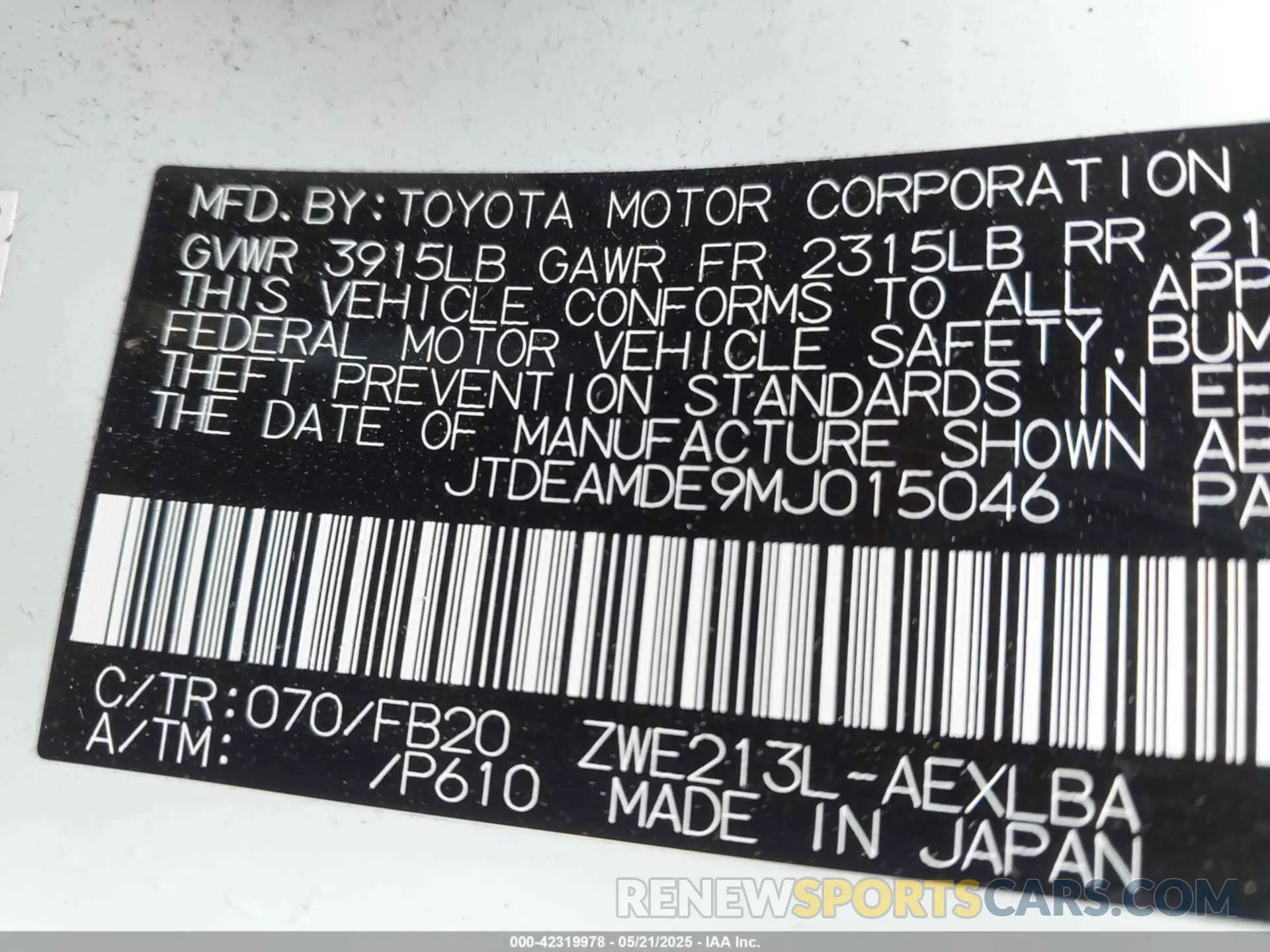 9 Photograph of a damaged car JTDEAMDE9MJ015046 TOYOTA COROLLA 2021