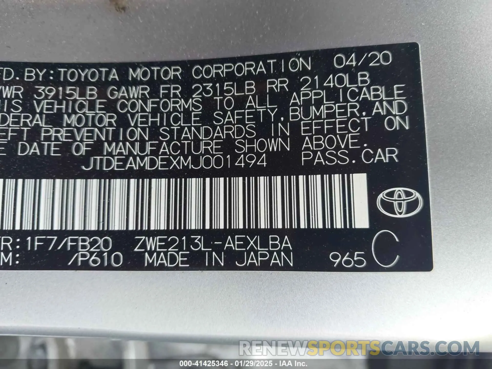 9 Photograph of a damaged car JTDEAMDEXMJ001494 TOYOTA COROLLA 2021