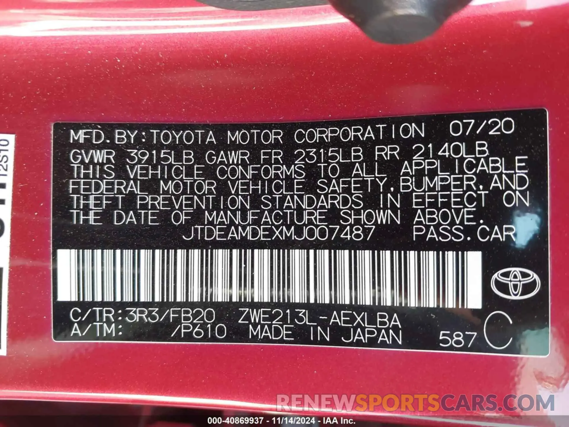 9 Photograph of a damaged car JTDEAMDEXMJ007487 TOYOTA COROLLA 2021
