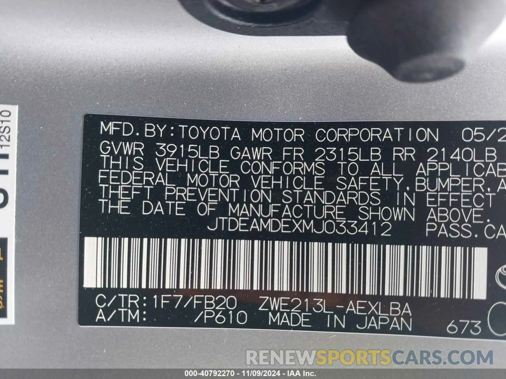 9 Photograph of a damaged car JTDEAMDEXMJ033412 TOYOTA COROLLA 2021