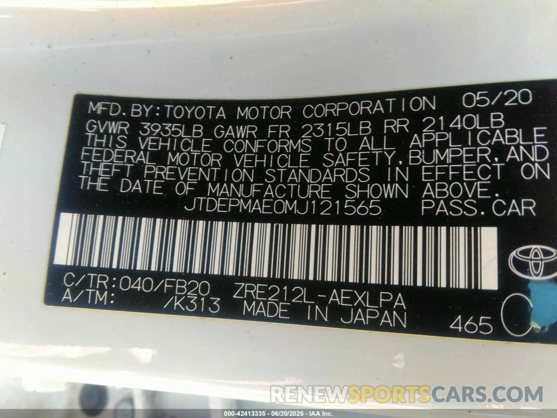 9 Photograph of a damaged car JTDEPMAE0MJ121565 TOYOTA COROLLA 2021