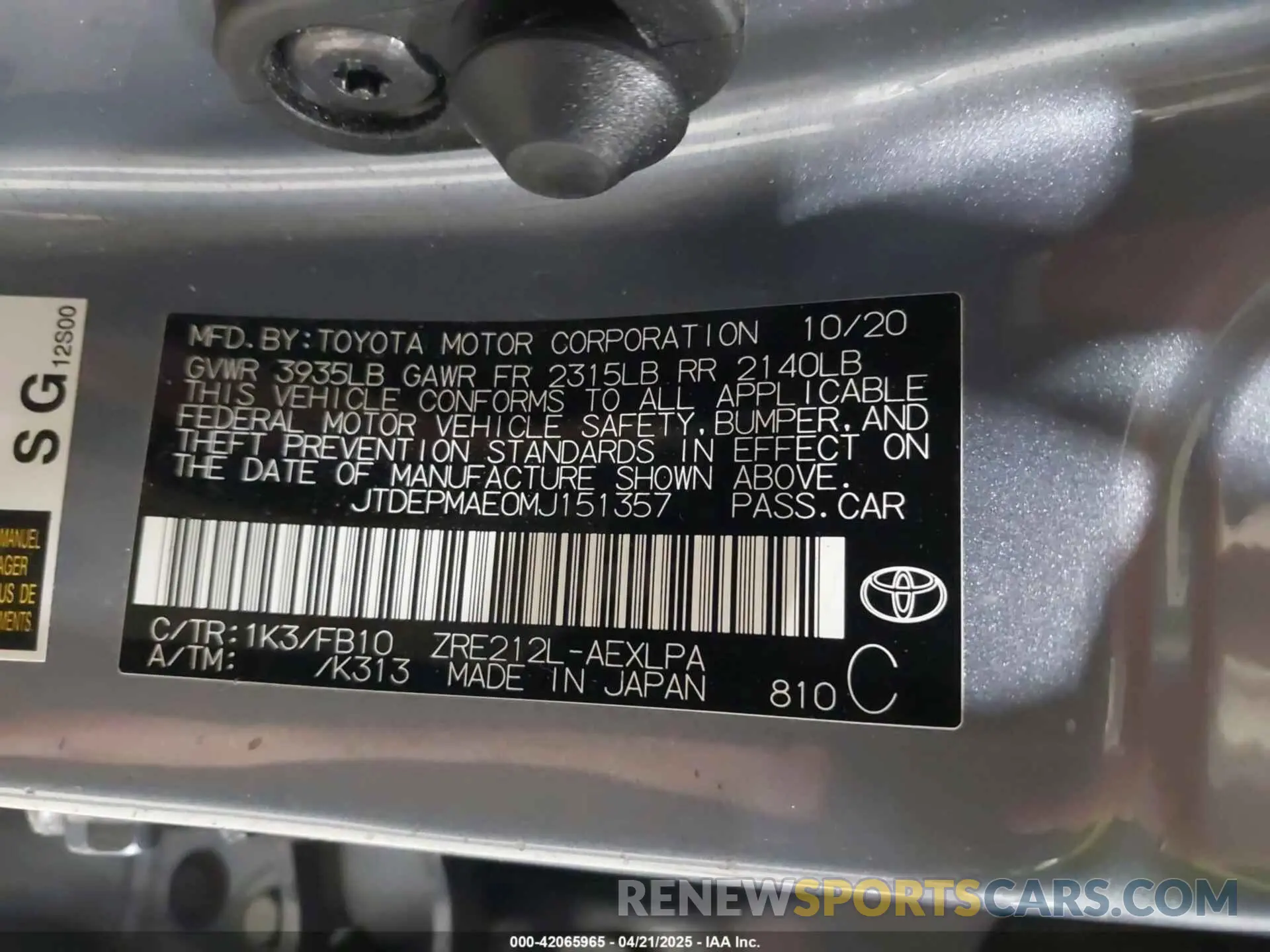 9 Photograph of a damaged car JTDEPMAE0MJ151357 TOYOTA COROLLA 2021
