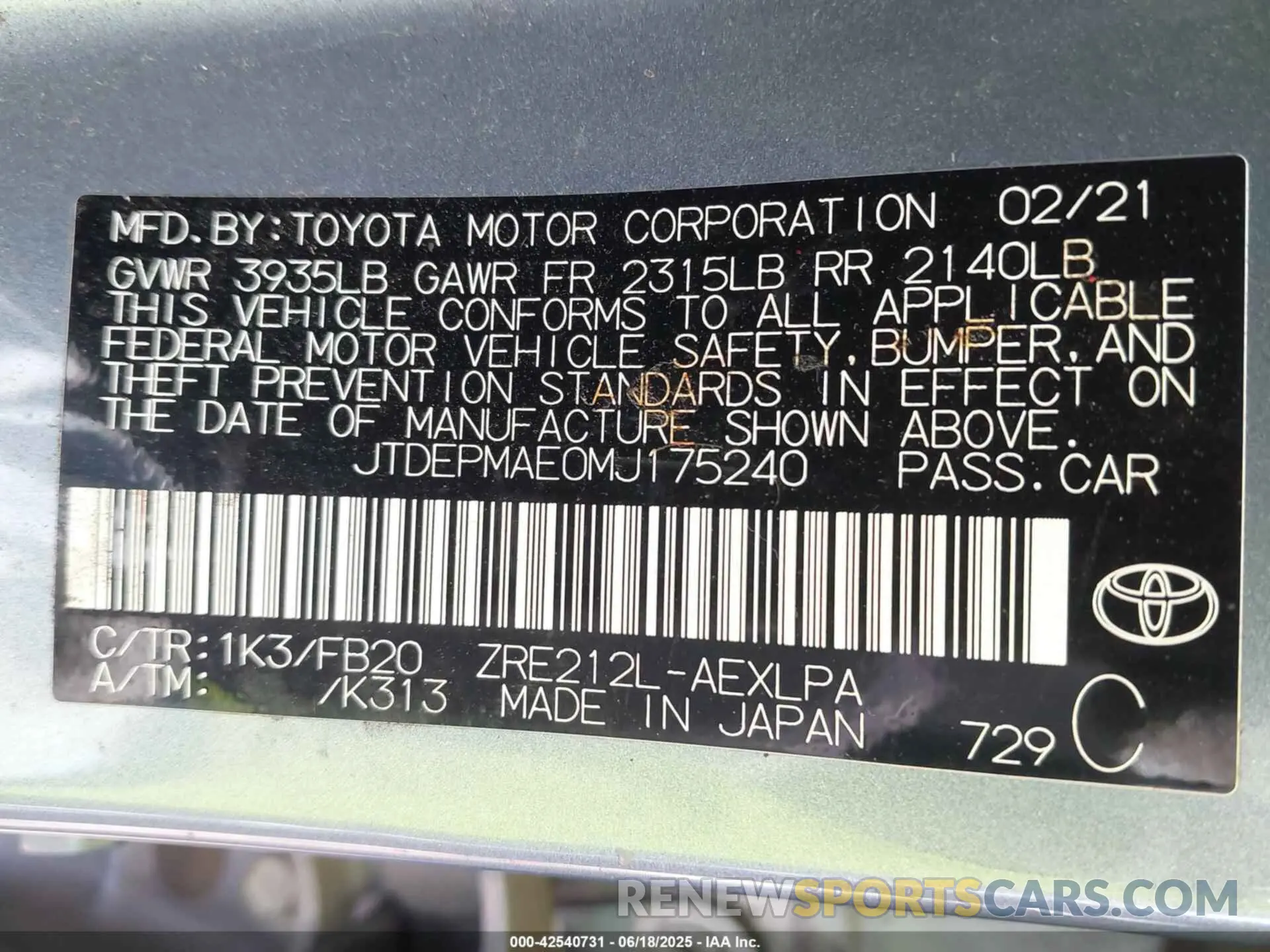 9 Photograph of a damaged car JTDEPMAE0MJ175240 TOYOTA COROLLA 2021