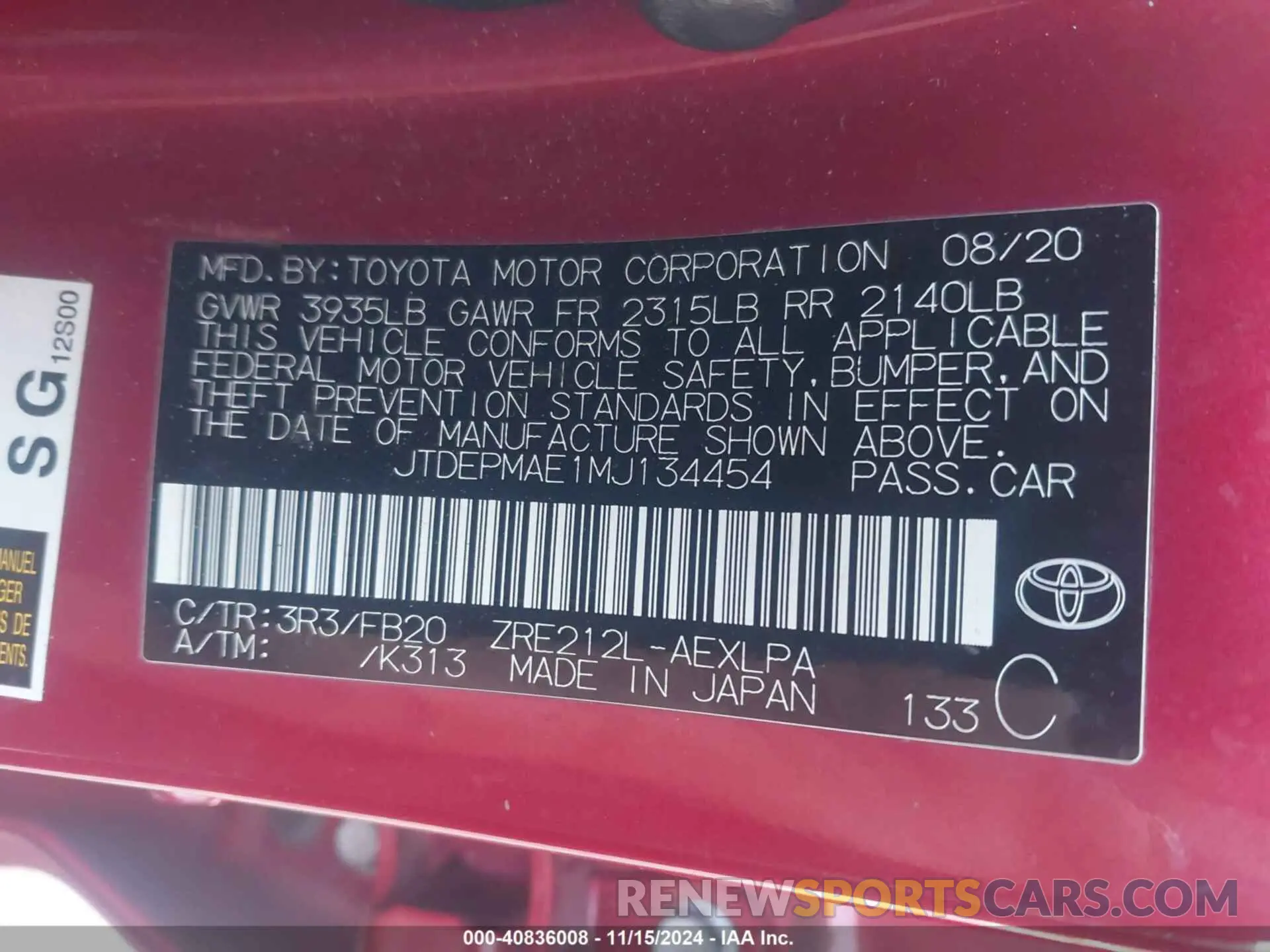 9 Photograph of a damaged car JTDEPMAE1MJ134454 TOYOTA COROLLA 2021