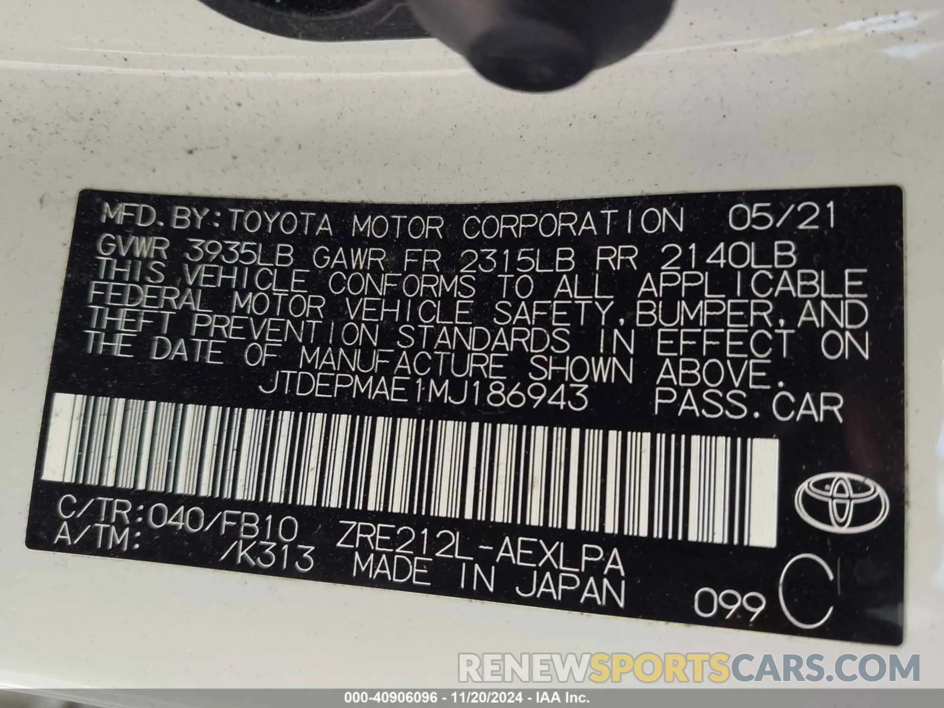 9 Photograph of a damaged car JTDEPMAE1MJ186943 TOYOTA COROLLA 2021