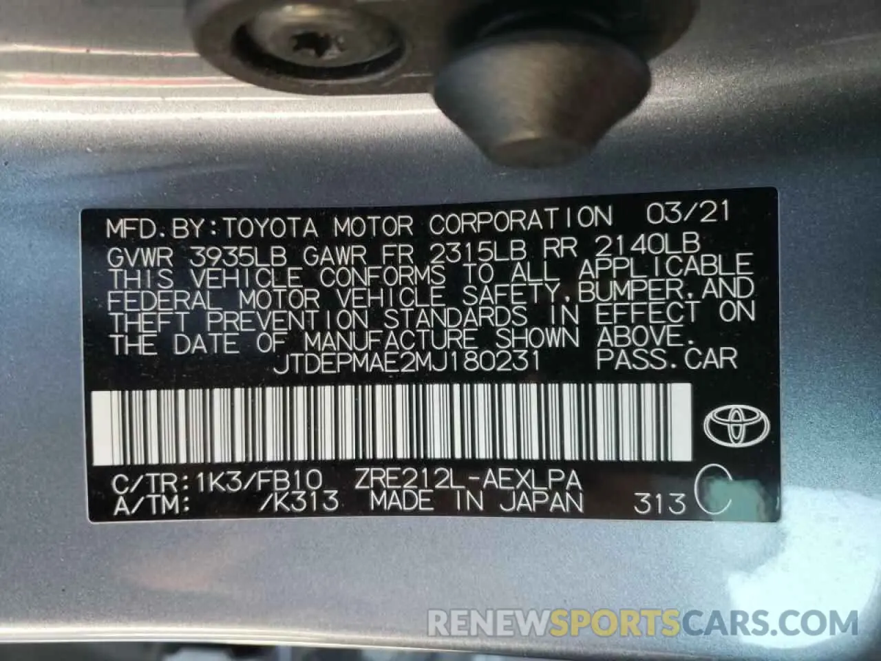 10 Photograph of a damaged car JTDEPMAE2MJ180231 TOYOTA COROLLA 2021