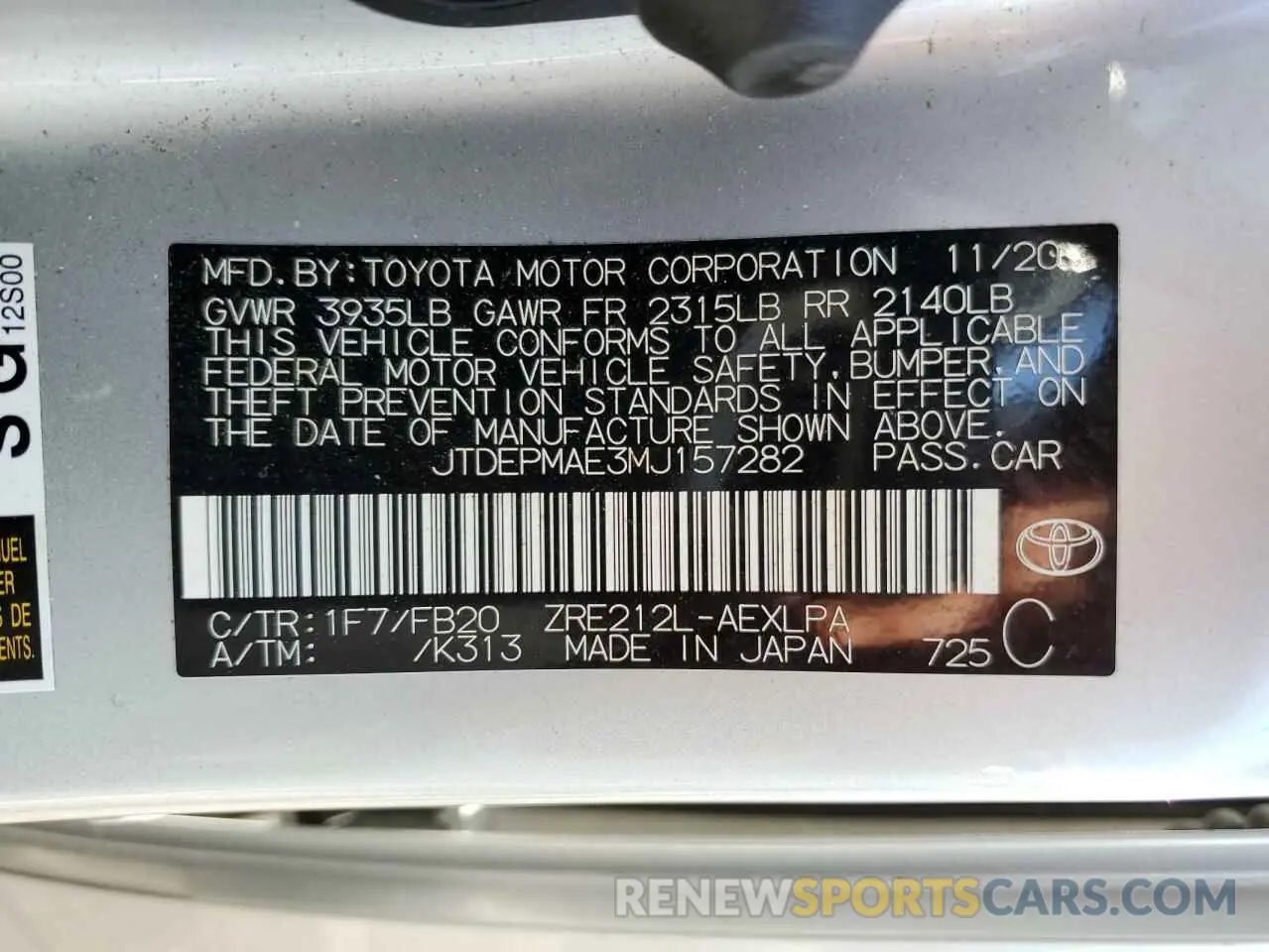 12 Photograph of a damaged car JTDEPMAE3MJ157282 TOYOTA COROLLA 2021