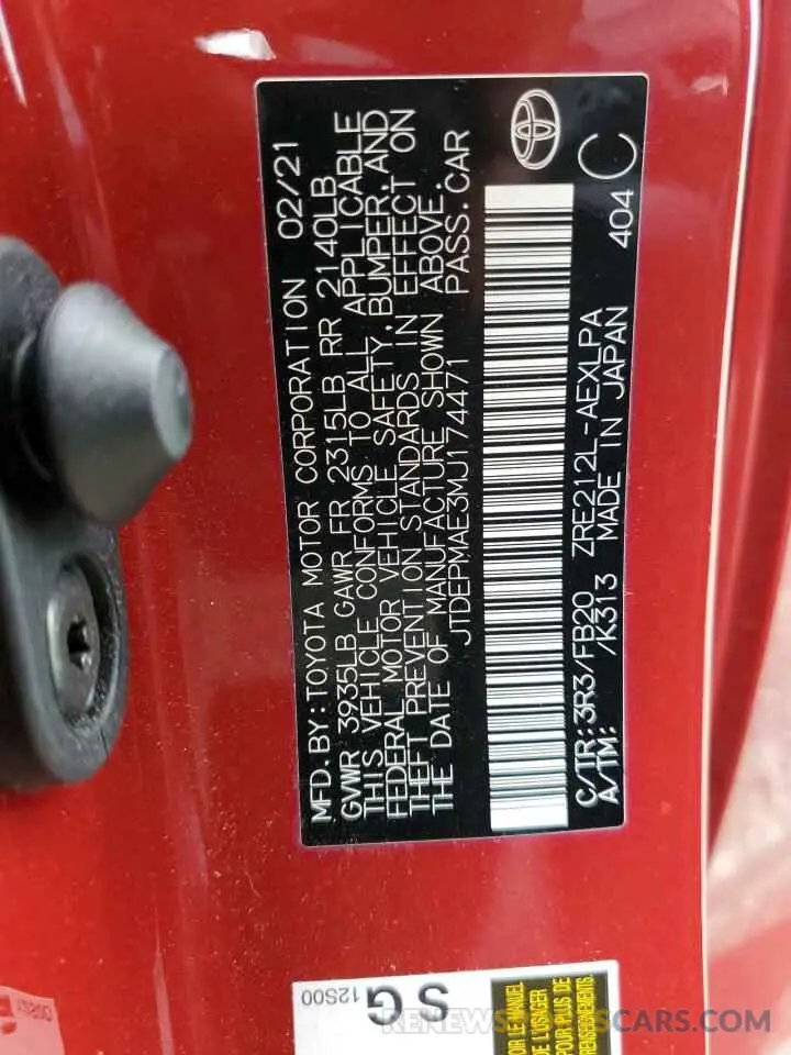 13 Photograph of a damaged car JTDEPMAE3MJ174471 TOYOTA COROLLA 2021
