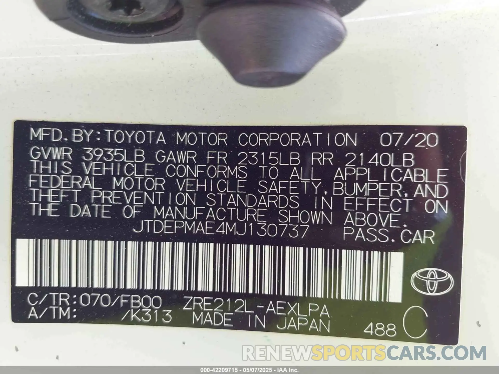 9 Photograph of a damaged car JTDEPMAE4MJ130737 TOYOTA COROLLA 2021