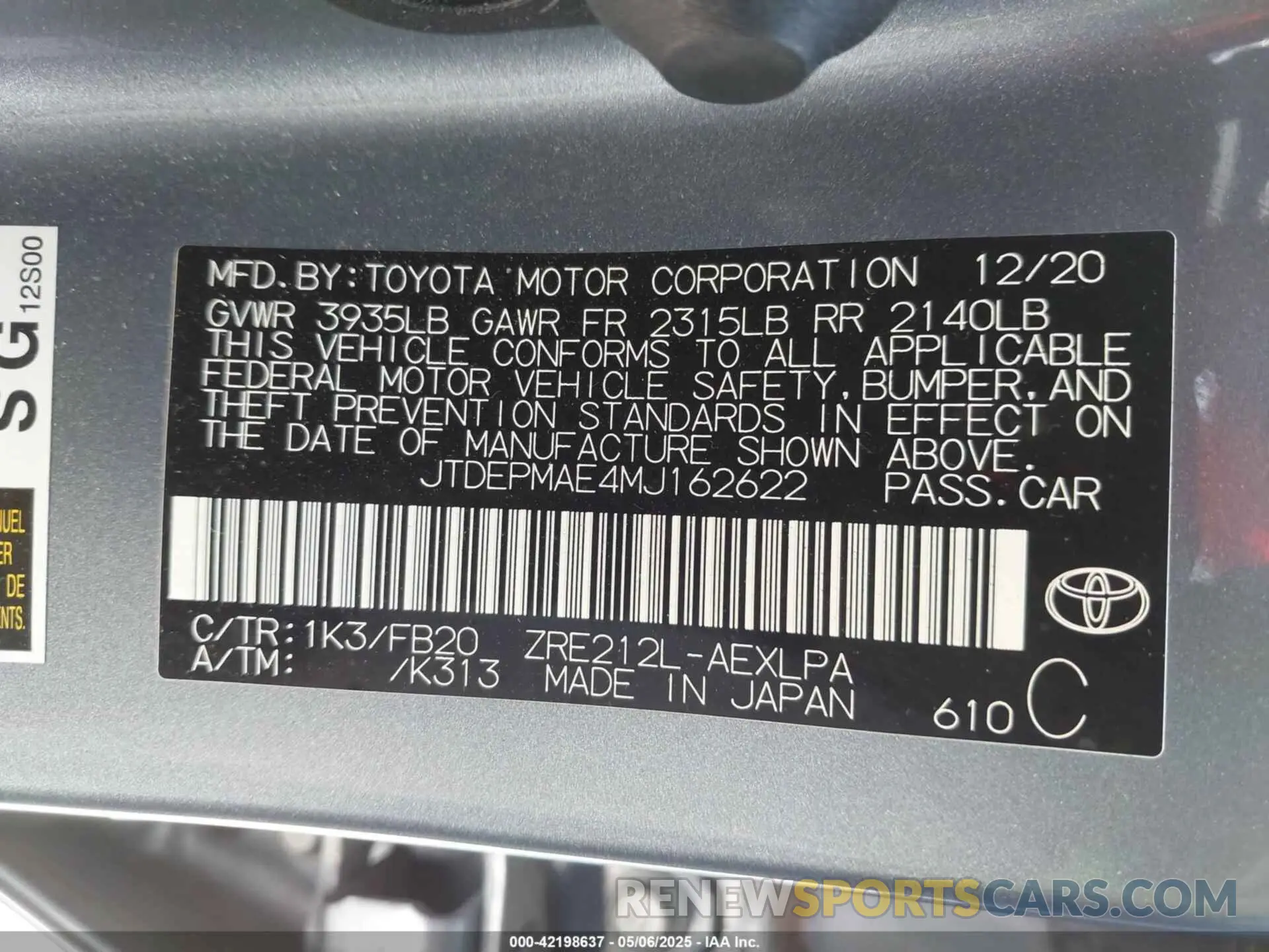 9 Photograph of a damaged car JTDEPMAE4MJ162622 TOYOTA COROLLA 2021