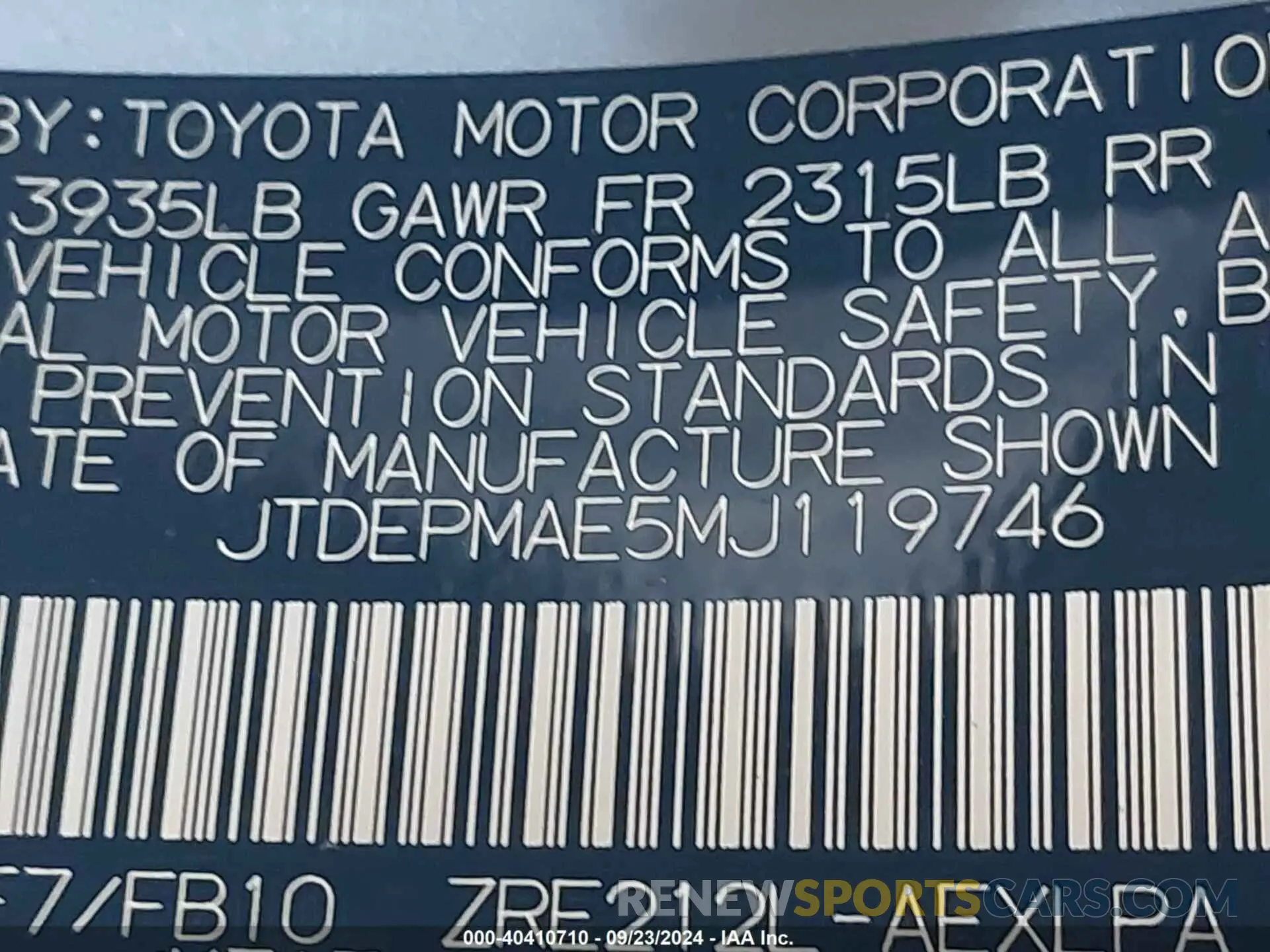 9 Photograph of a damaged car JTDEPMAE5MJ119746 TOYOTA COROLLA 2021
