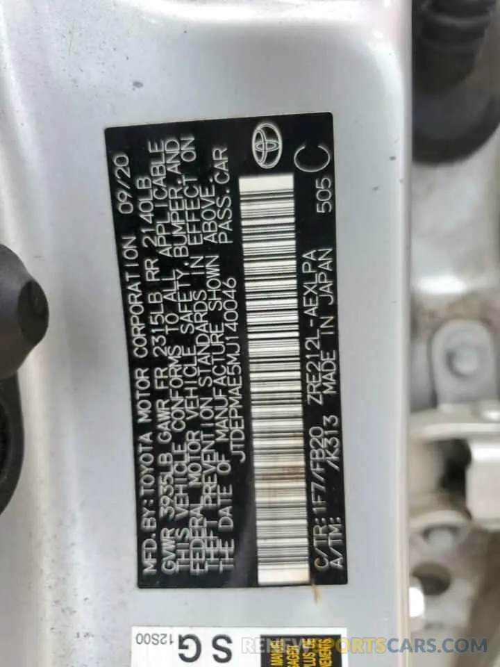 12 Photograph of a damaged car JTDEPMAE5MJ140046 TOYOTA COROLLA 2021