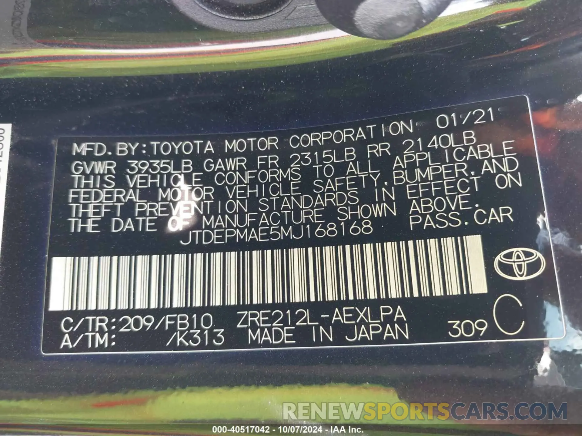 9 Photograph of a damaged car JTDEPMAE5MJ168168 TOYOTA COROLLA 2021