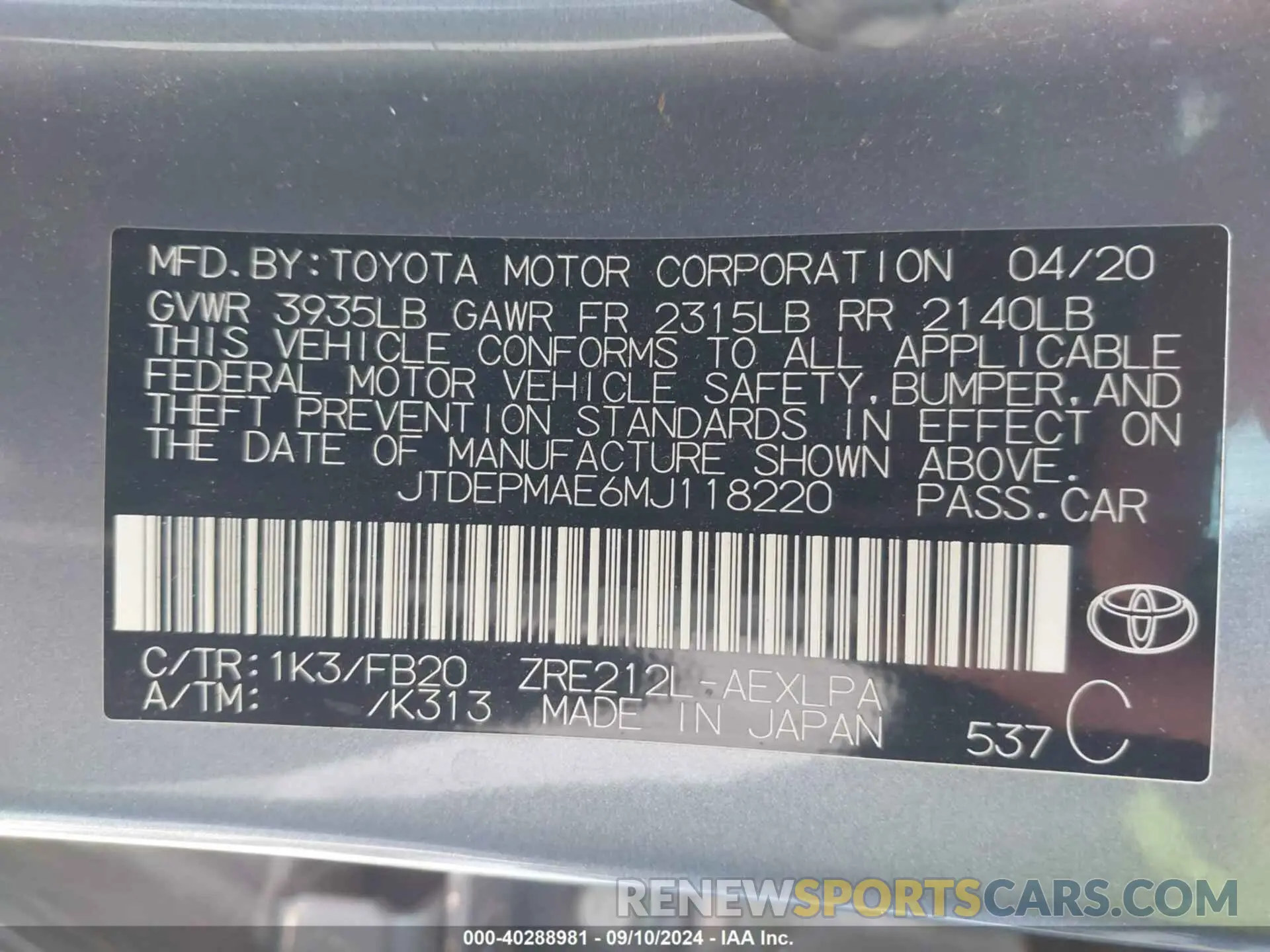 9 Photograph of a damaged car JTDEPMAE6MJ118220 TOYOTA COROLLA 2021
