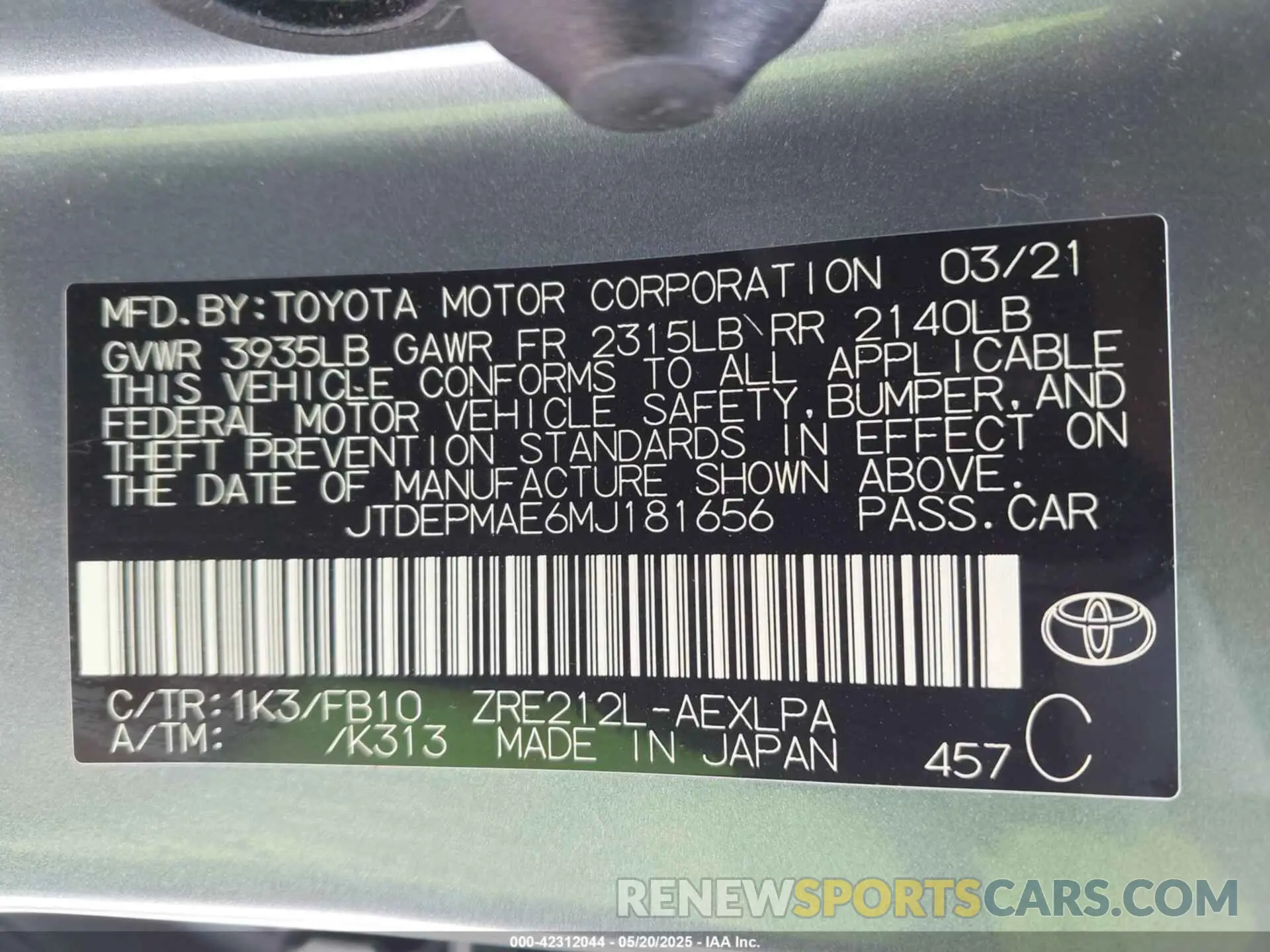 9 Photograph of a damaged car JTDEPMAE6MJ181656 TOYOTA COROLLA 2021