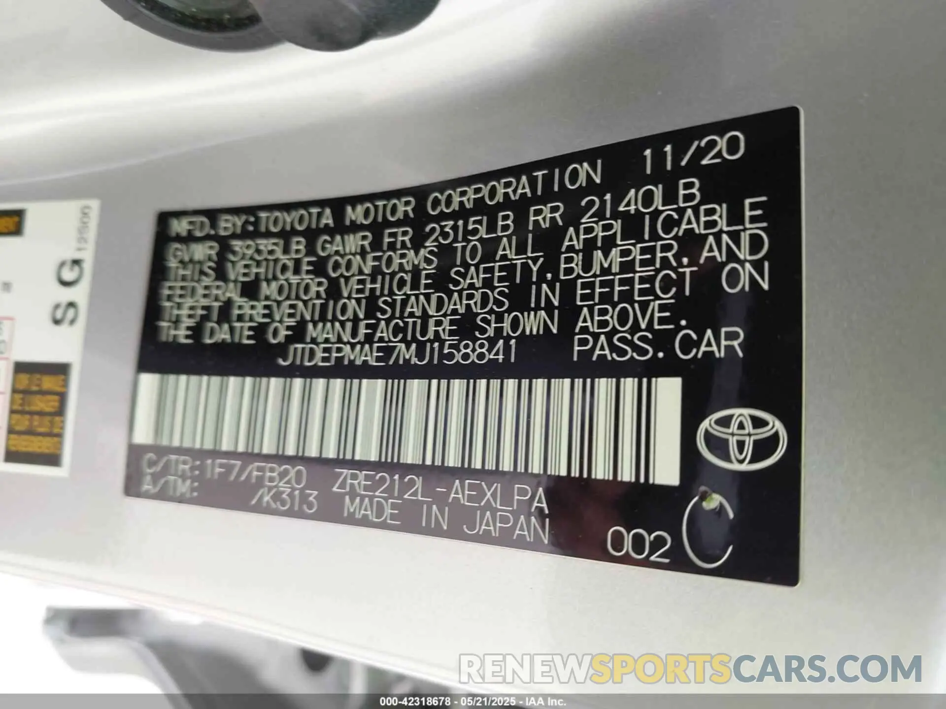 9 Photograph of a damaged car JTDEPMAE7MJ158841 TOYOTA COROLLA 2021