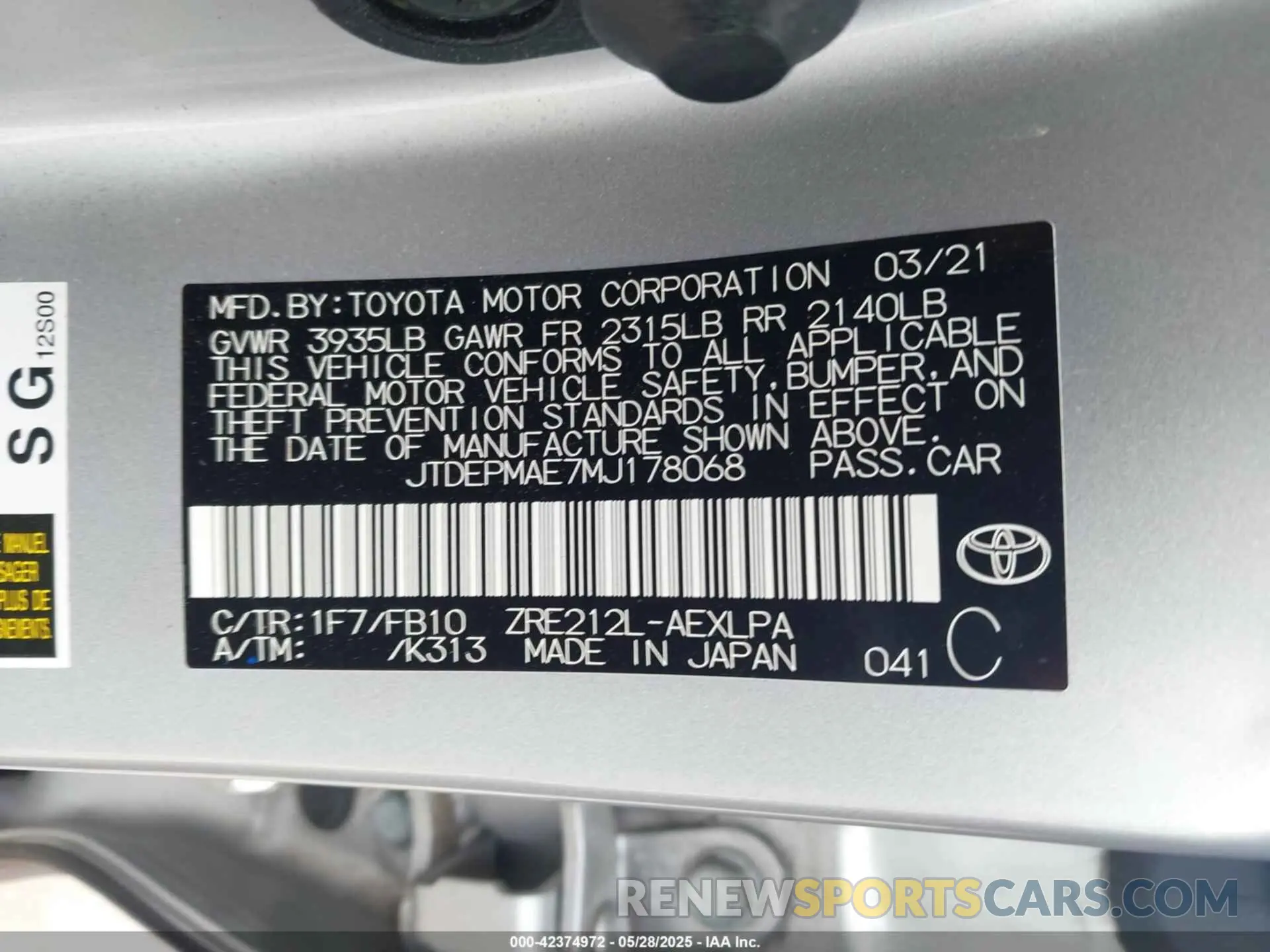 9 Photograph of a damaged car JTDEPMAE7MJ178068 TOYOTA COROLLA 2021