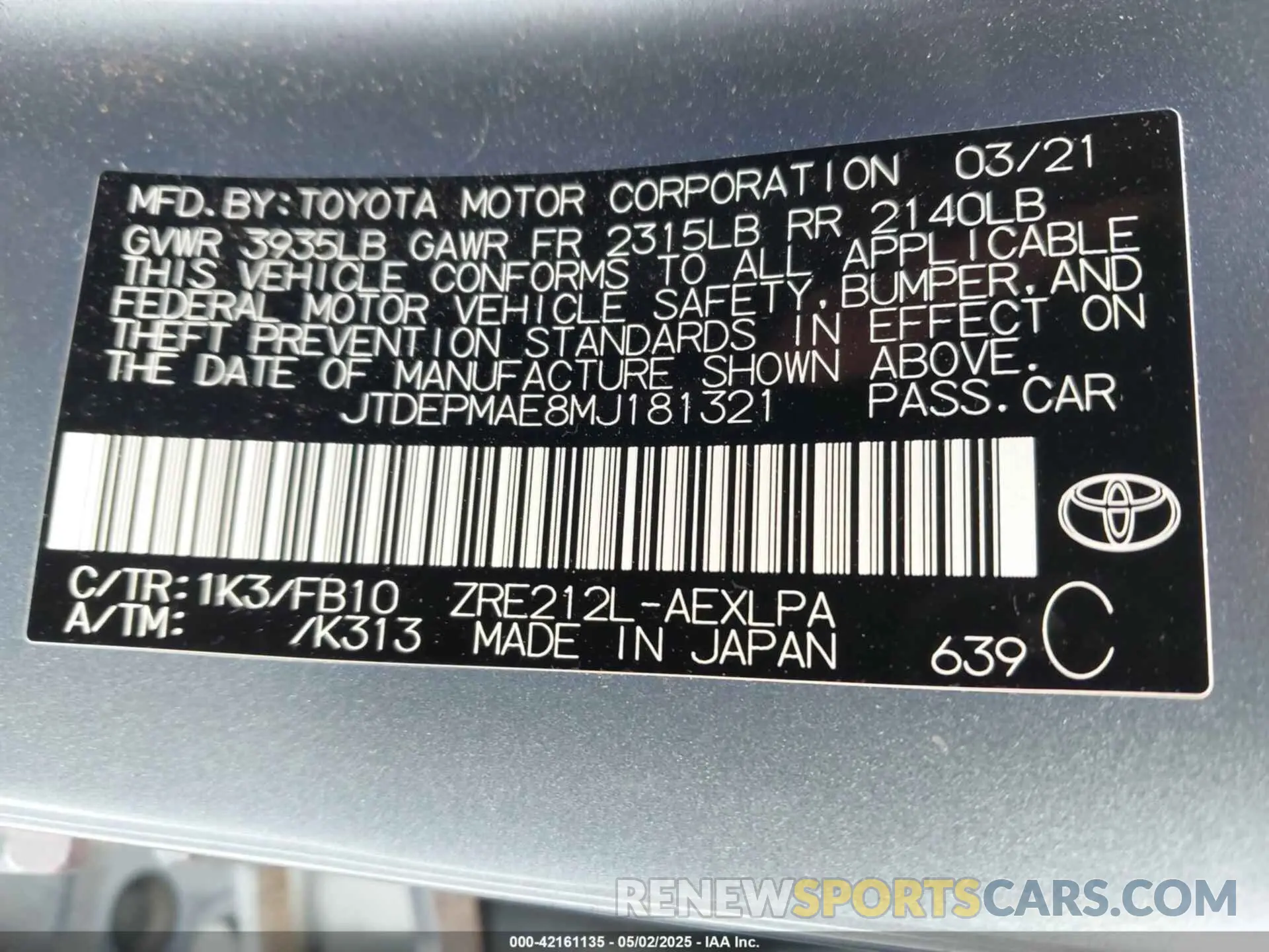 9 Photograph of a damaged car JTDEPMAE8MJ181321 TOYOTA COROLLA 2021