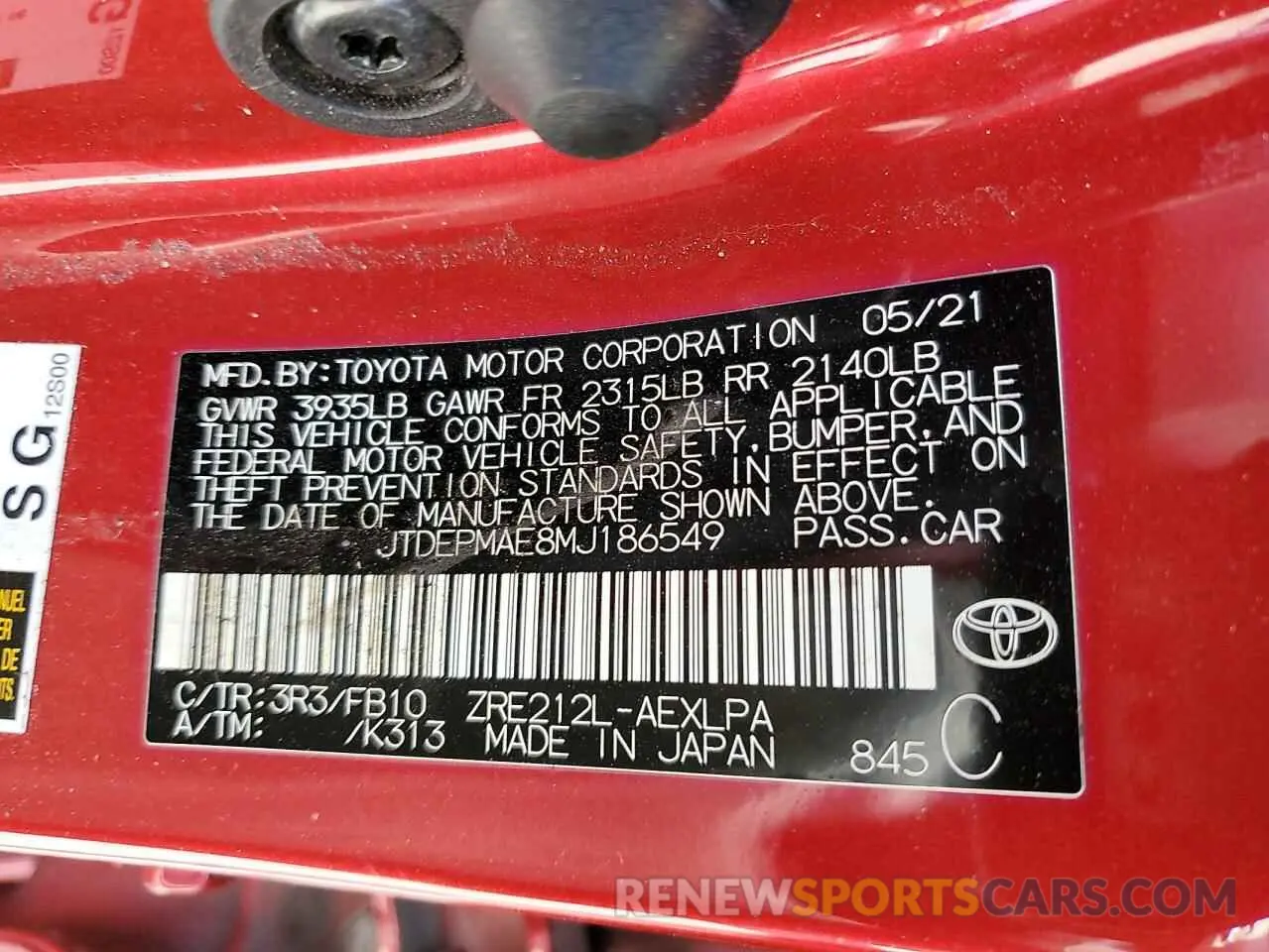 13 Photograph of a damaged car JTDEPMAE8MJ186549 TOYOTA COROLLA 2021